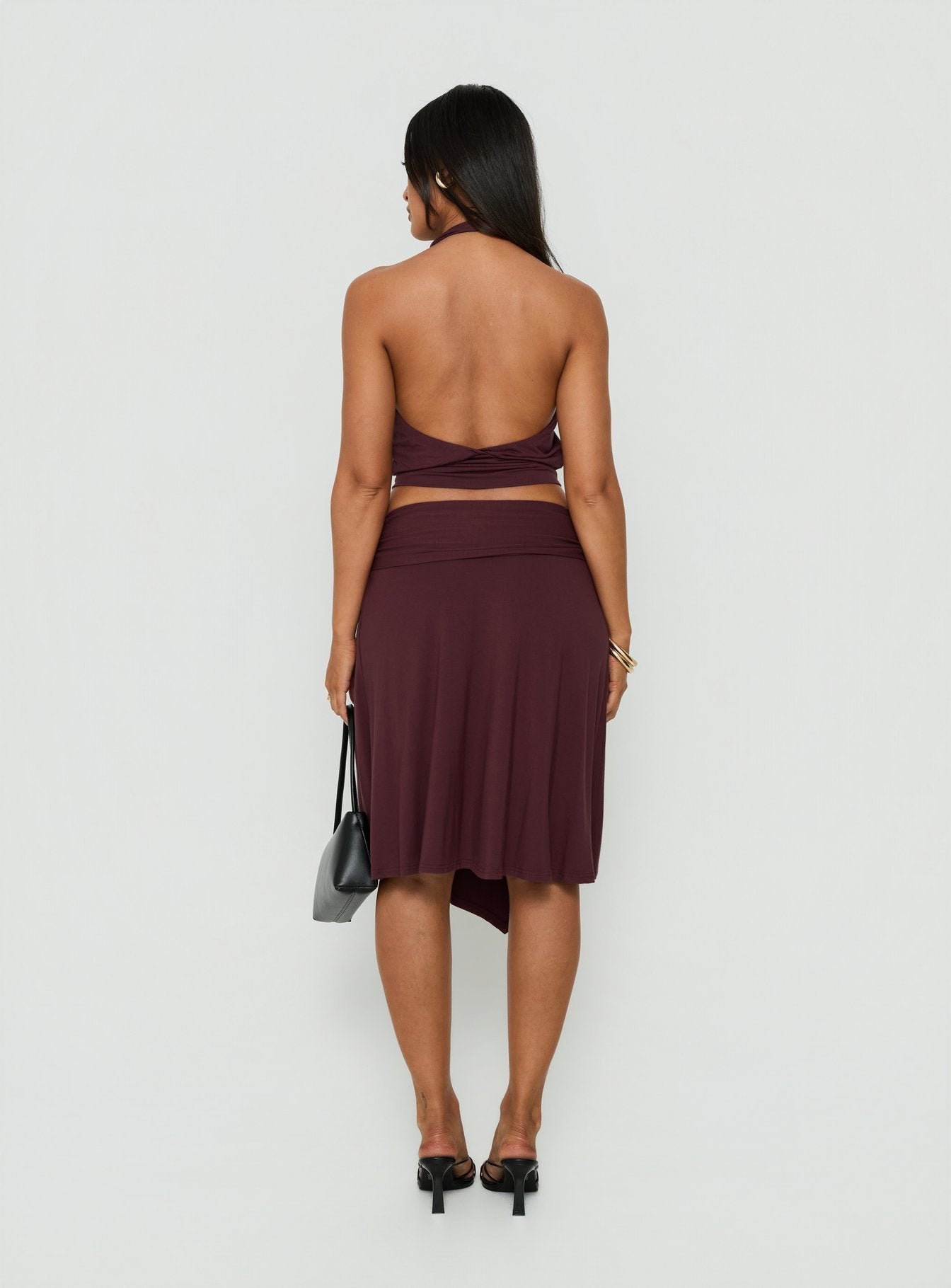 Soft Focus Tie Waist Midi Skirt Plum Noir