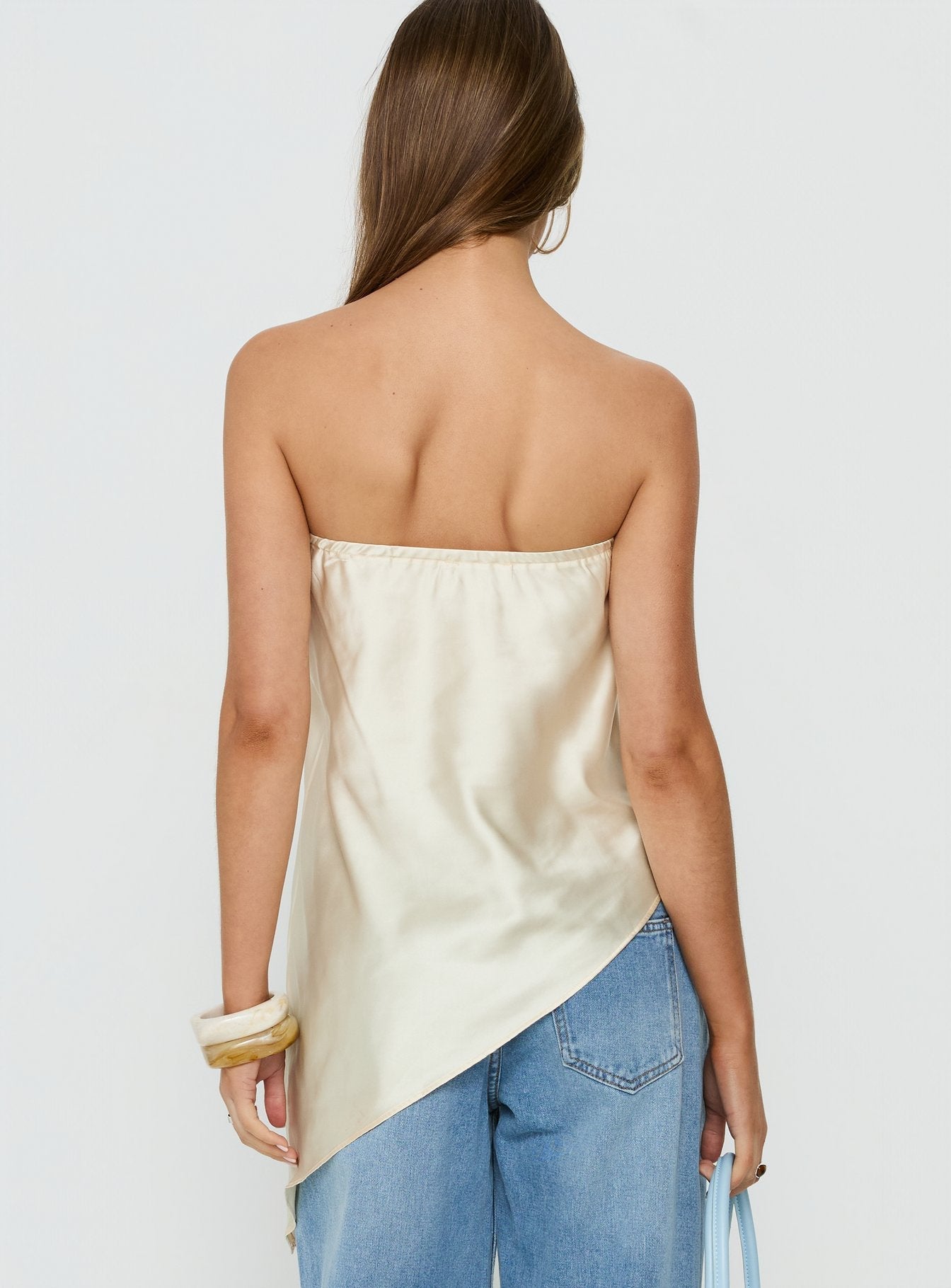 Keevah Strapless Satin Asymmetrical Top Lemon