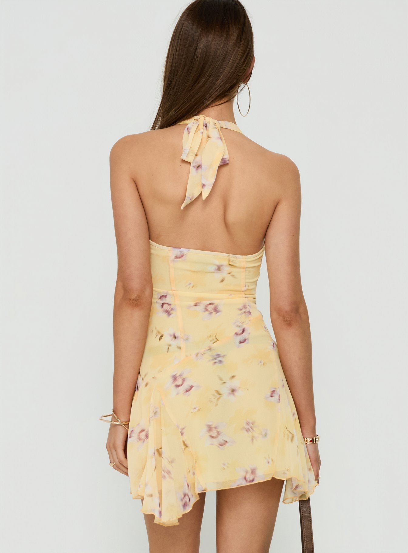 Isidorah Halter Pleat Mini Dress Blurred Yellow Floral