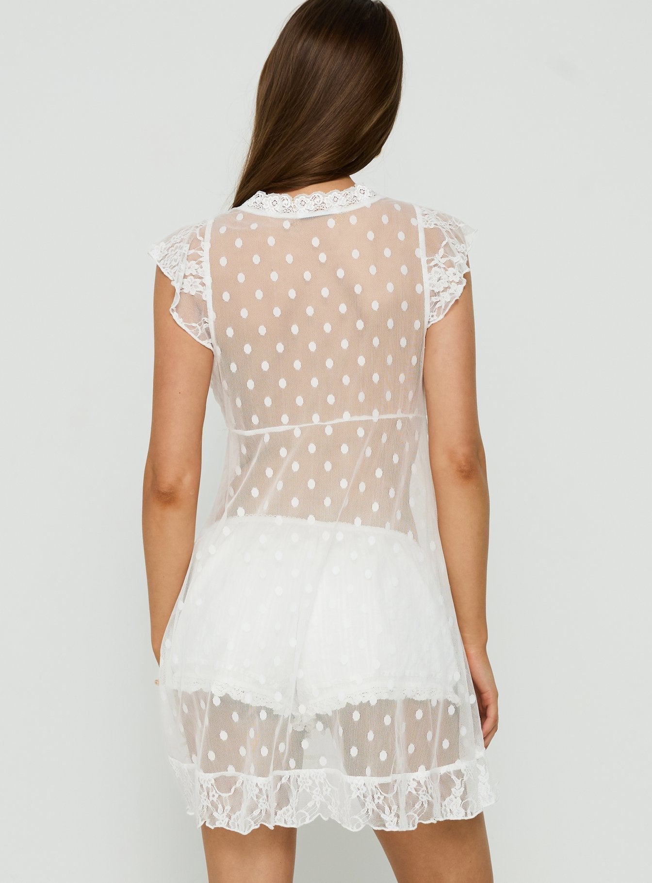 Afortunata Sheer Lace Frill Mini Dress White Polka Dot