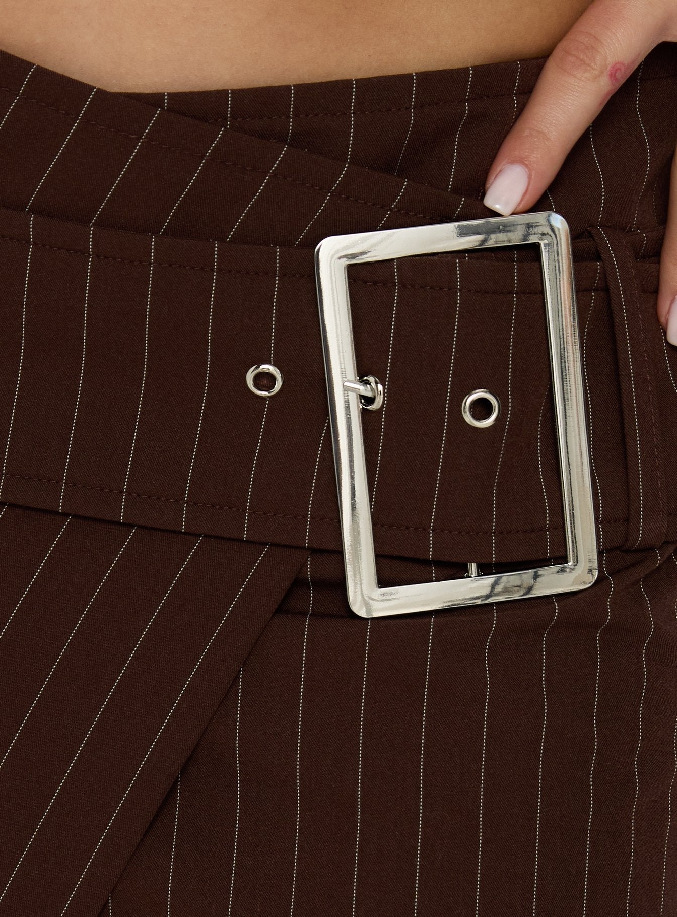 Myrienne Belted Mini Skirt Brown Pinstripe