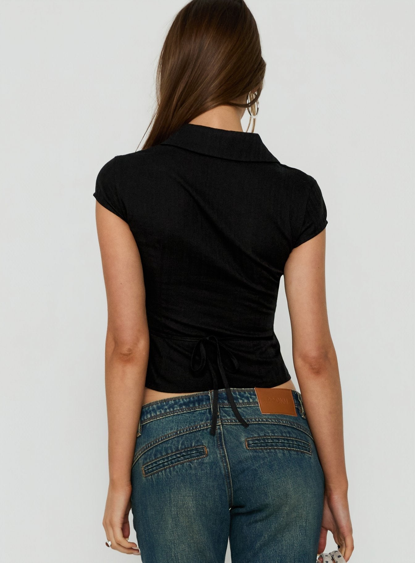 Oceanna Ruched Short Sleeve Collared Top Black