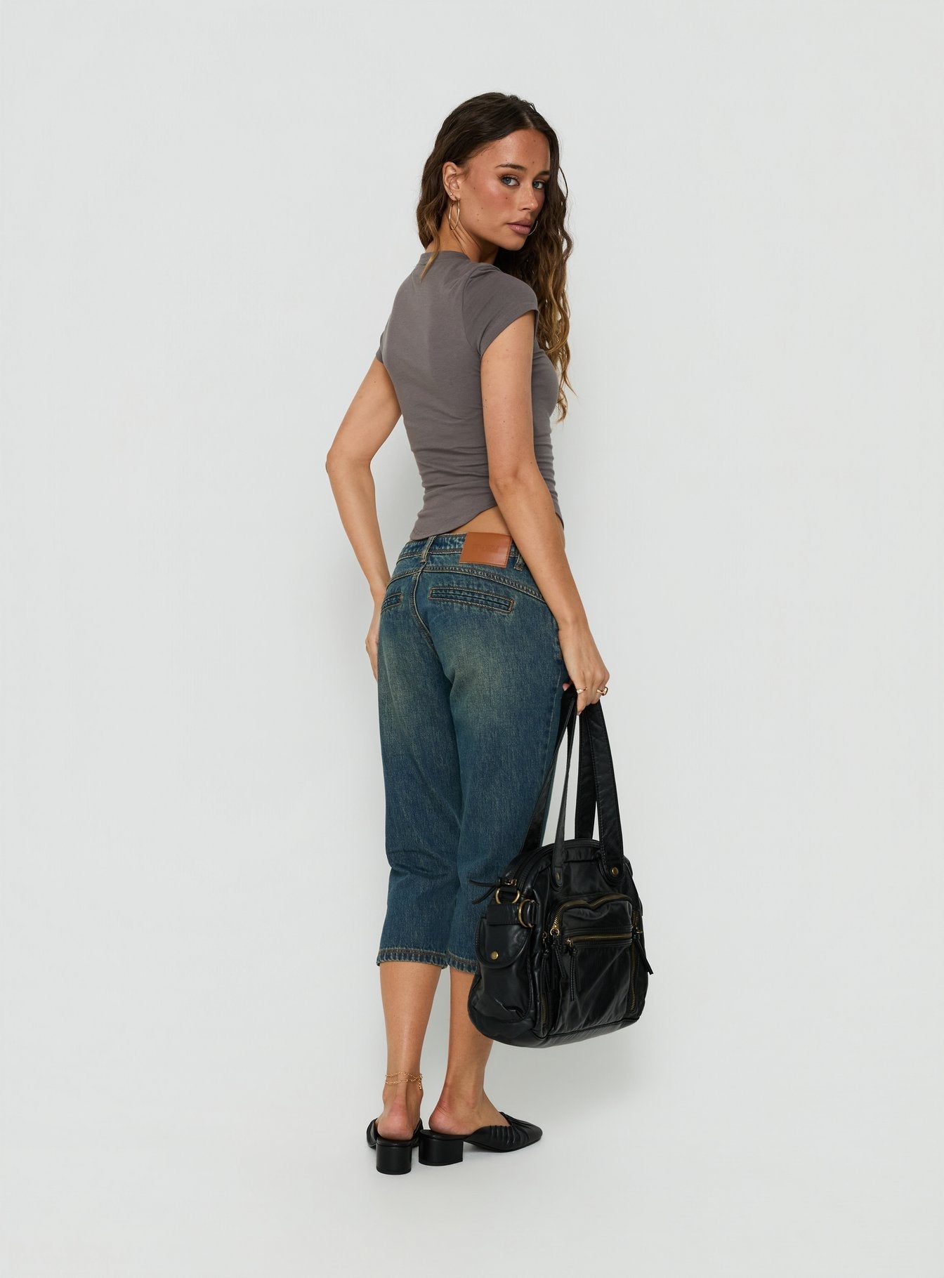 Ceilea Ultra Low Rise Denim Capri Pants Dirty Blue