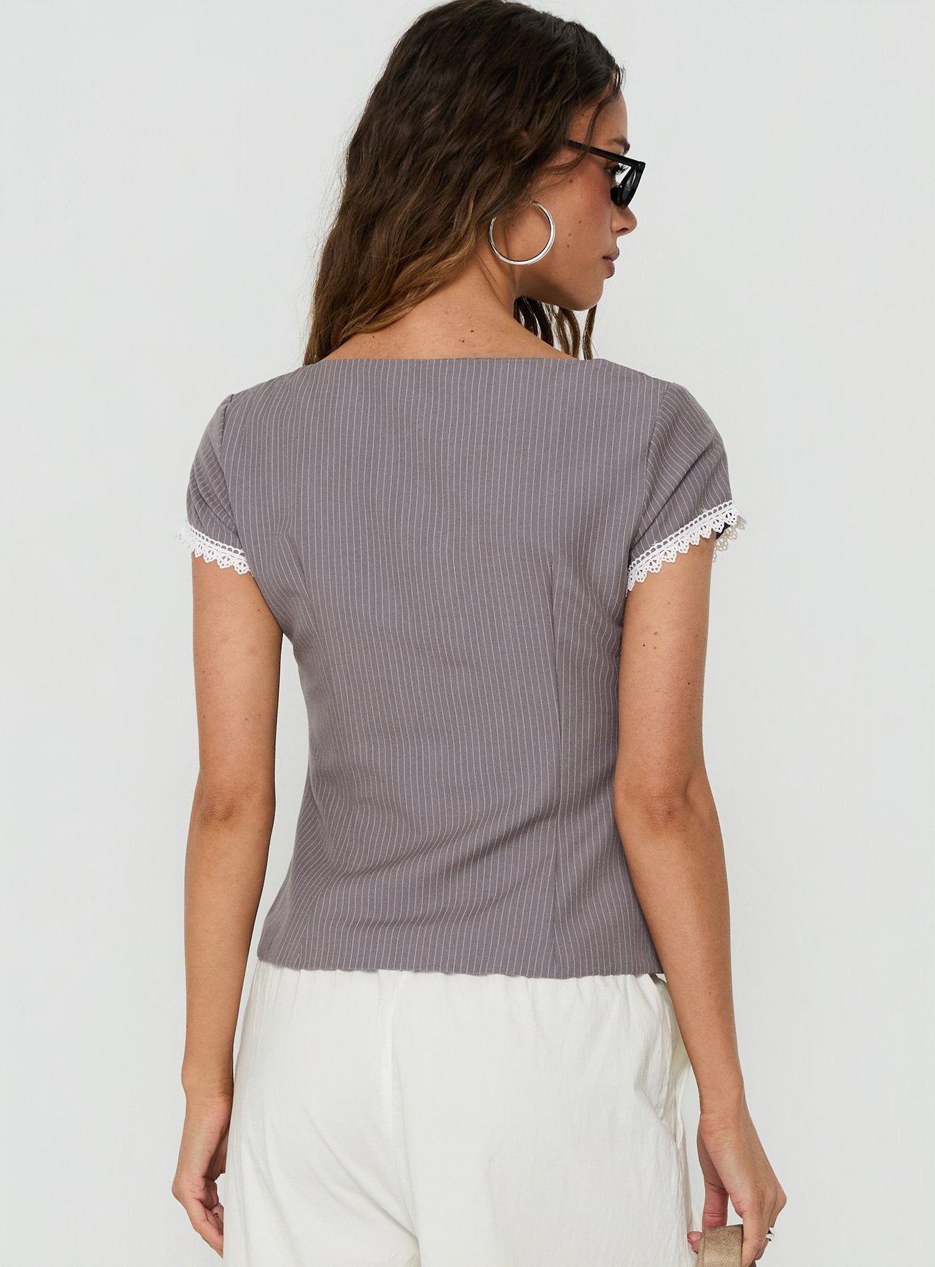 Margherite Asymmetrical Button Detail Short Sleeve Top Grey Stripe