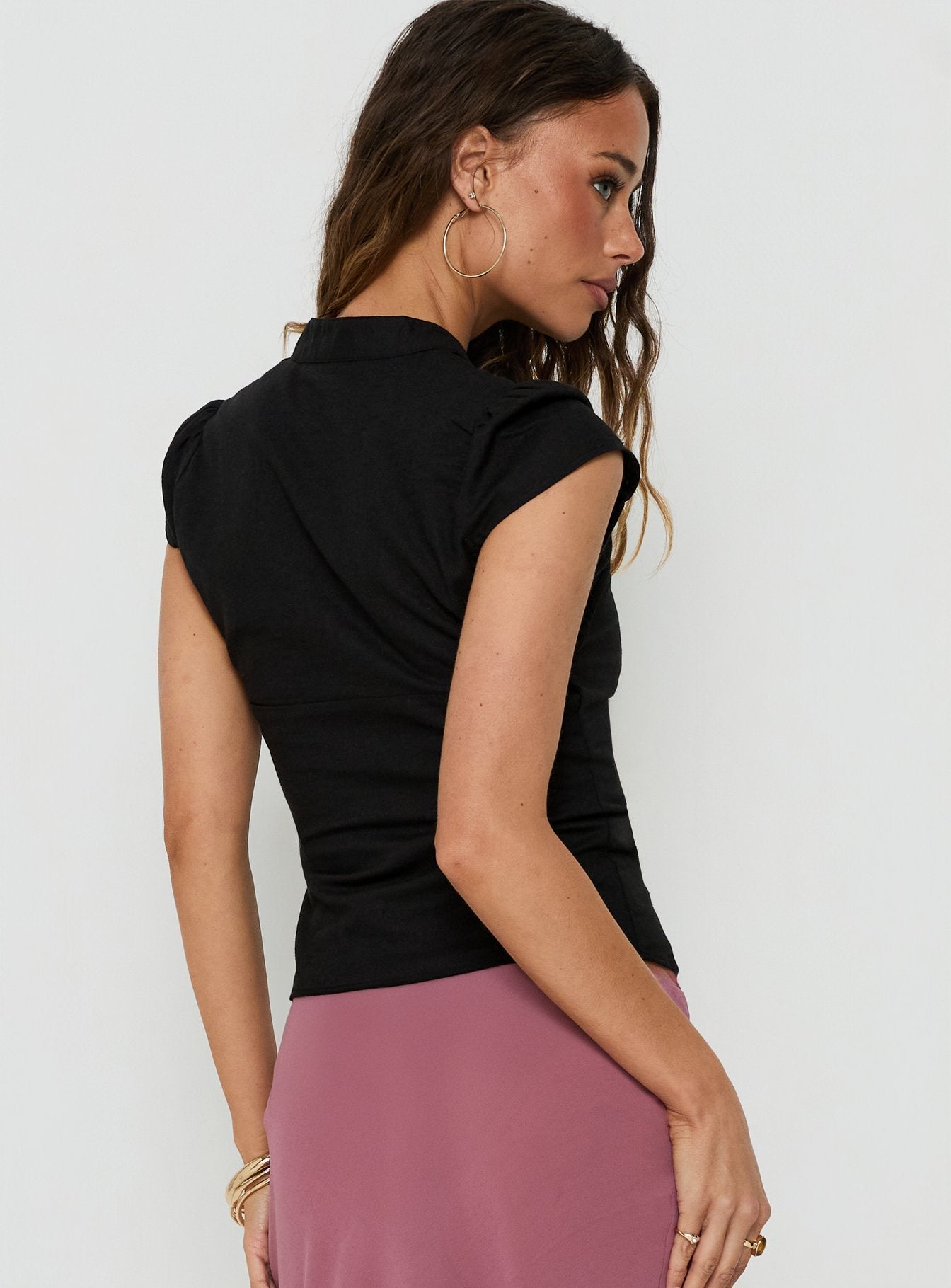 Ellisea Cap Sleeve Tie Detail Top Black