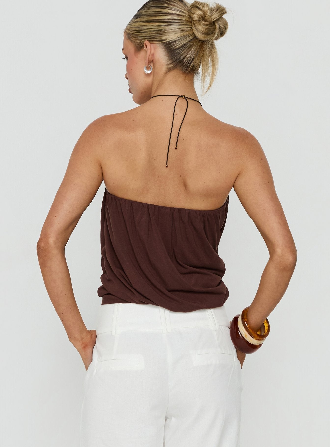 Taleisa Gathered Drape Strapless Top Brown