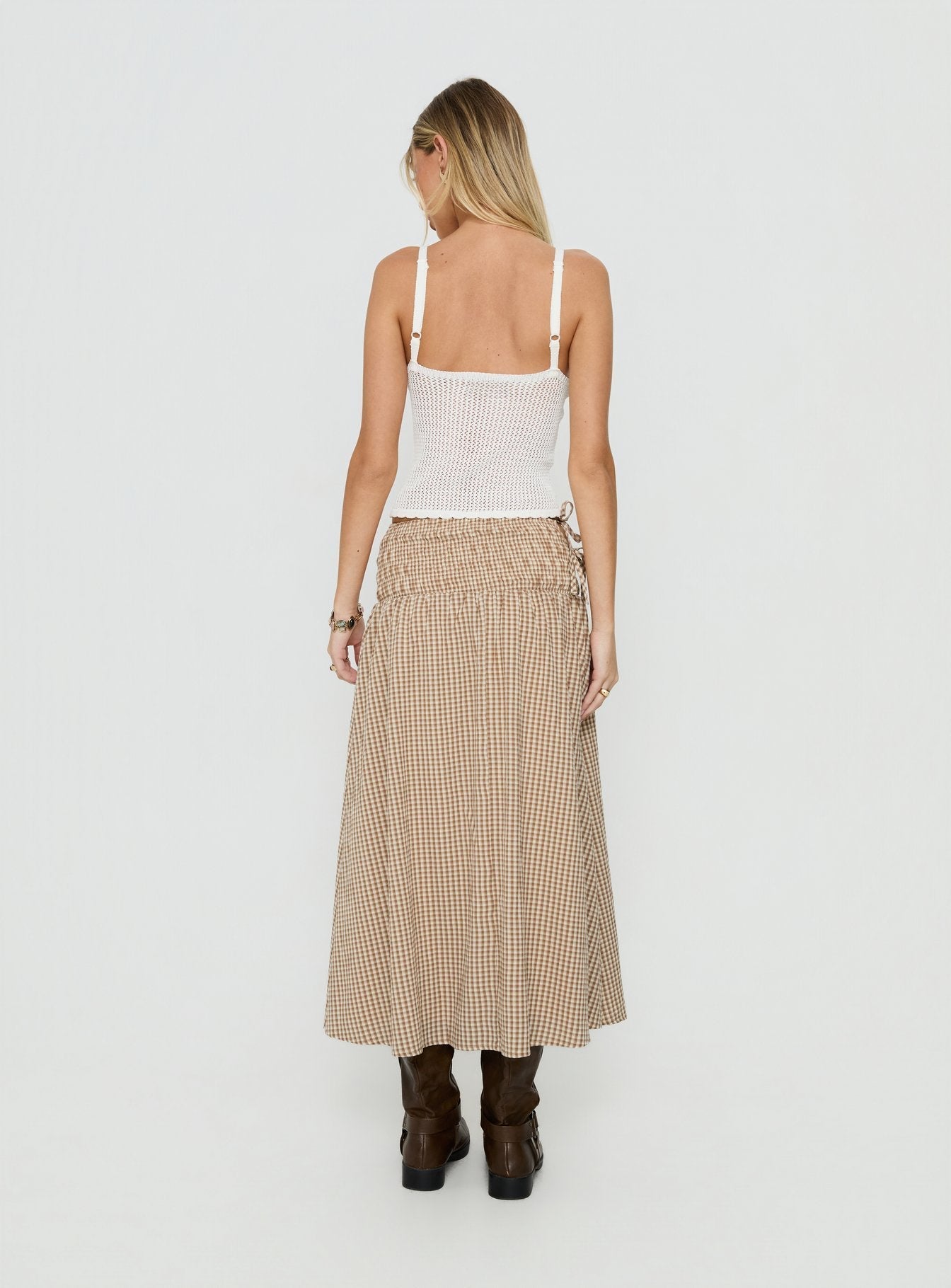 Vence Ruched Maxi Skirt Brown Gingham
