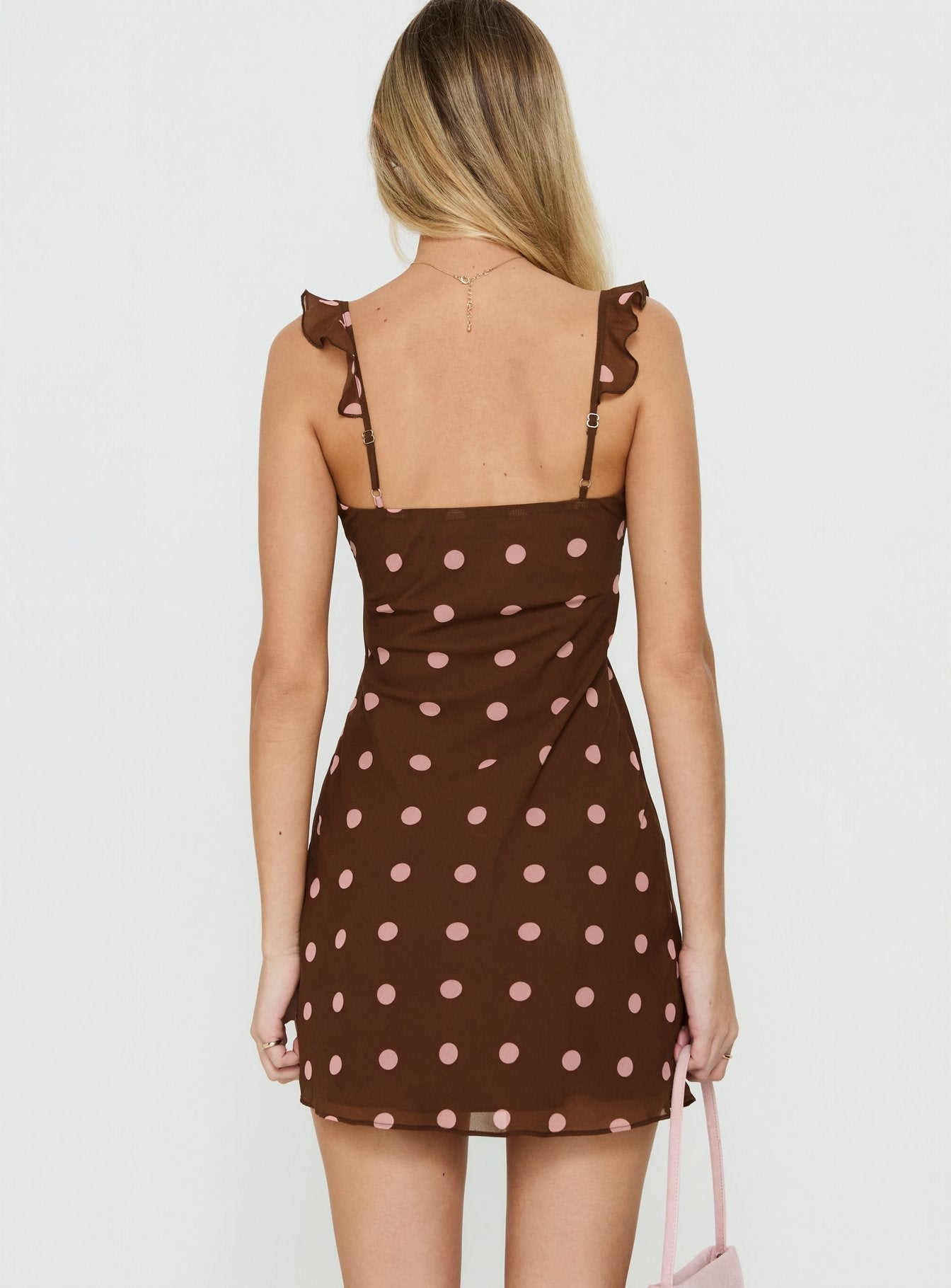 Lozie Frill V Neck Mini Dress Brown Polka Dot