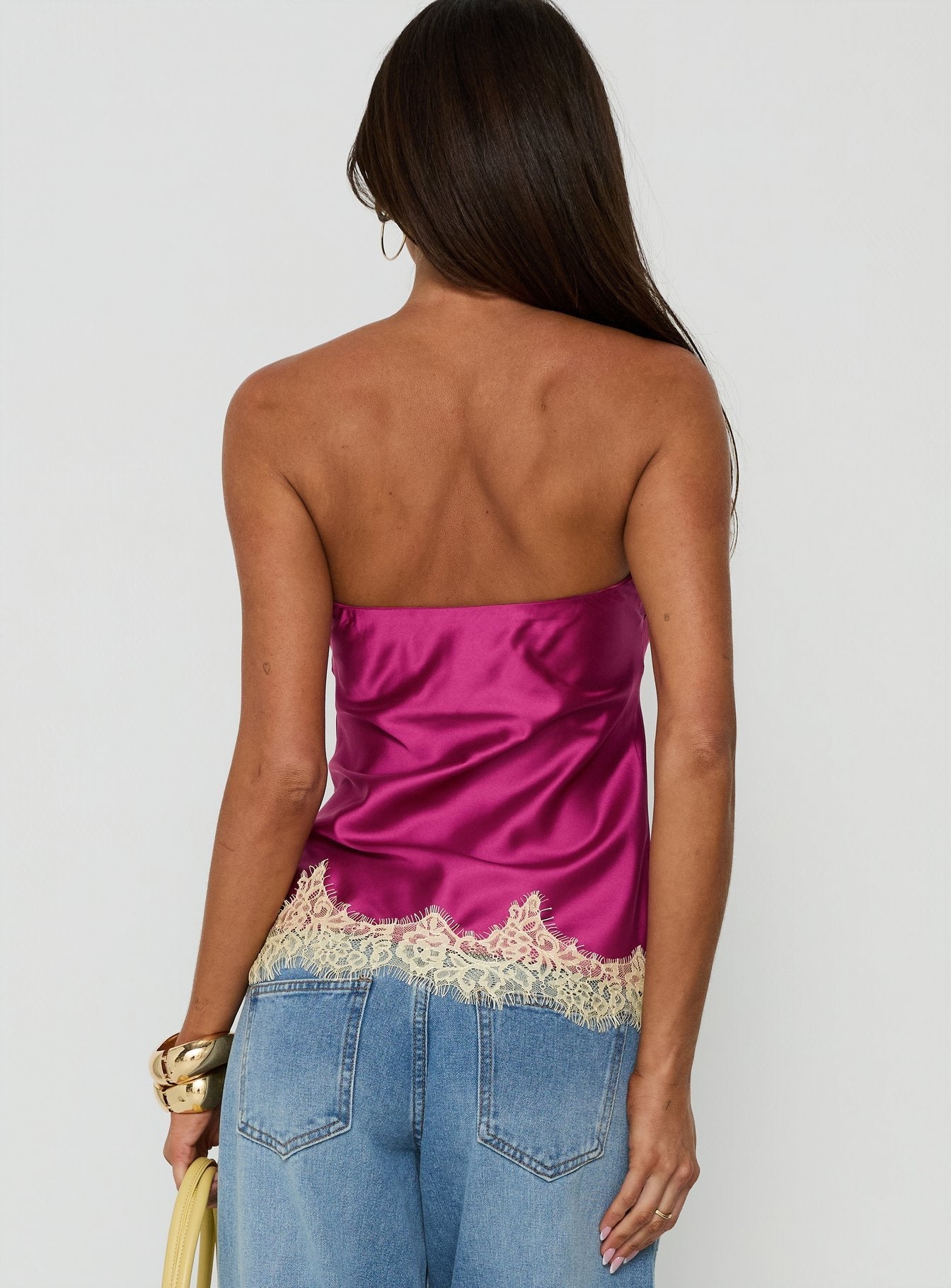 Fiorelle Strapless Lace Trim Satin Top Berry / Lemon