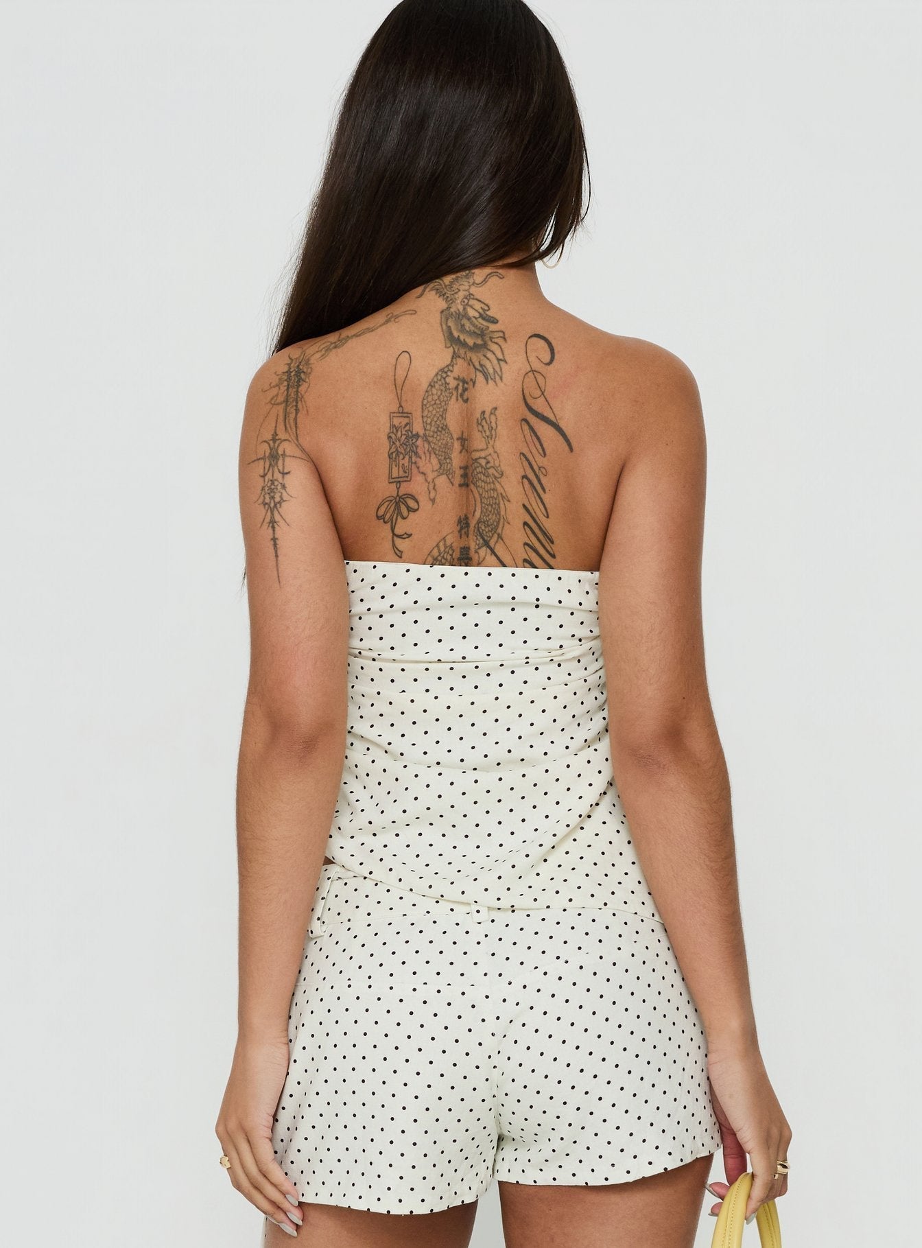 Defined Strapless Gathered Linen Blend Top Cream Polka Dot