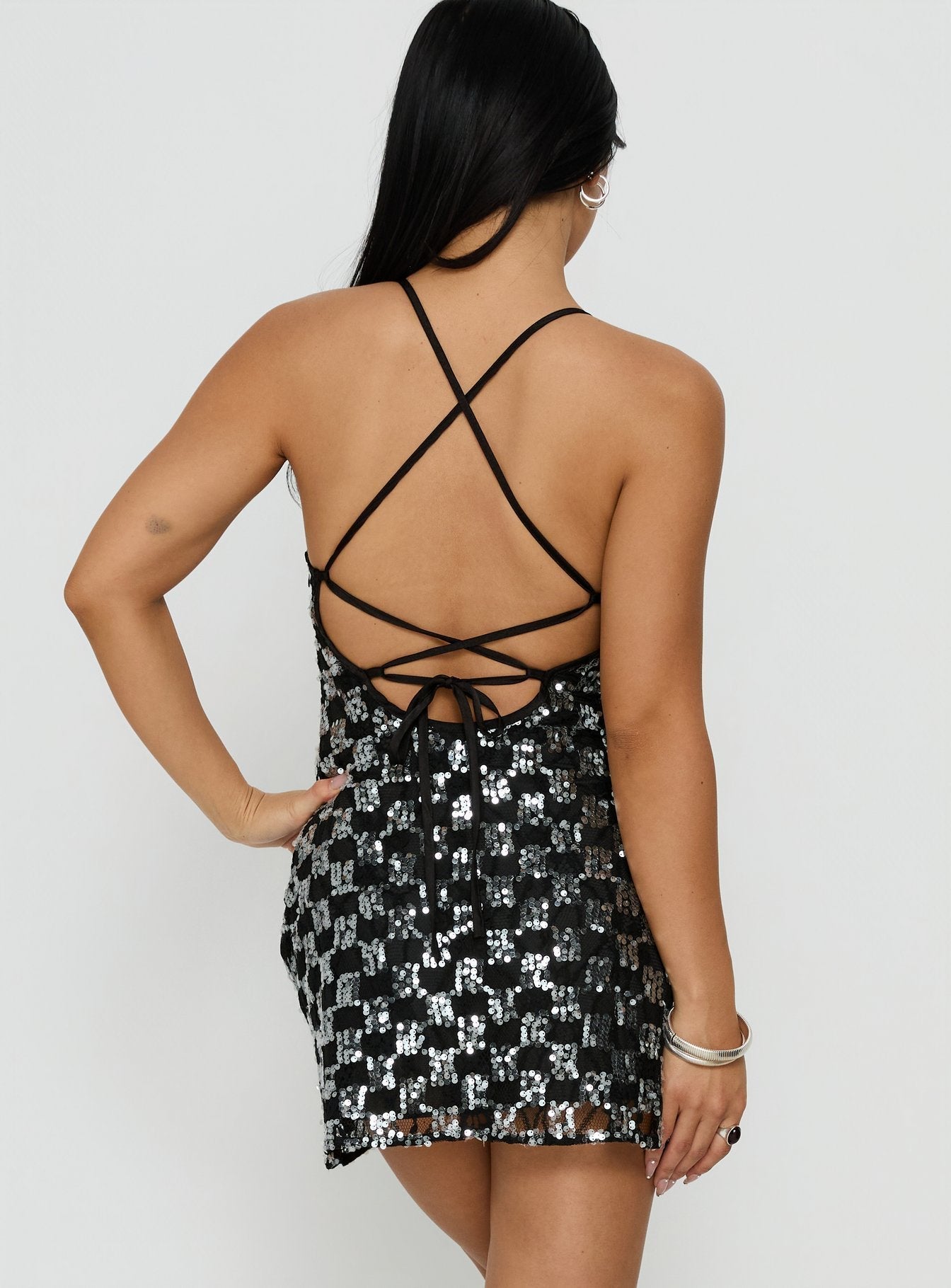 Disco Lights Sequin Lace Mini Dress Black