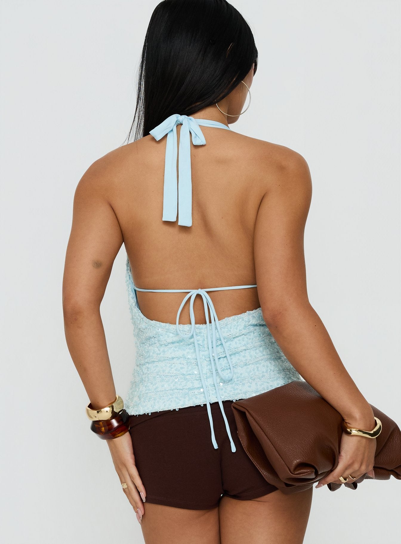 Soul Searching Layered Plunge Neck Halter Top Blue
