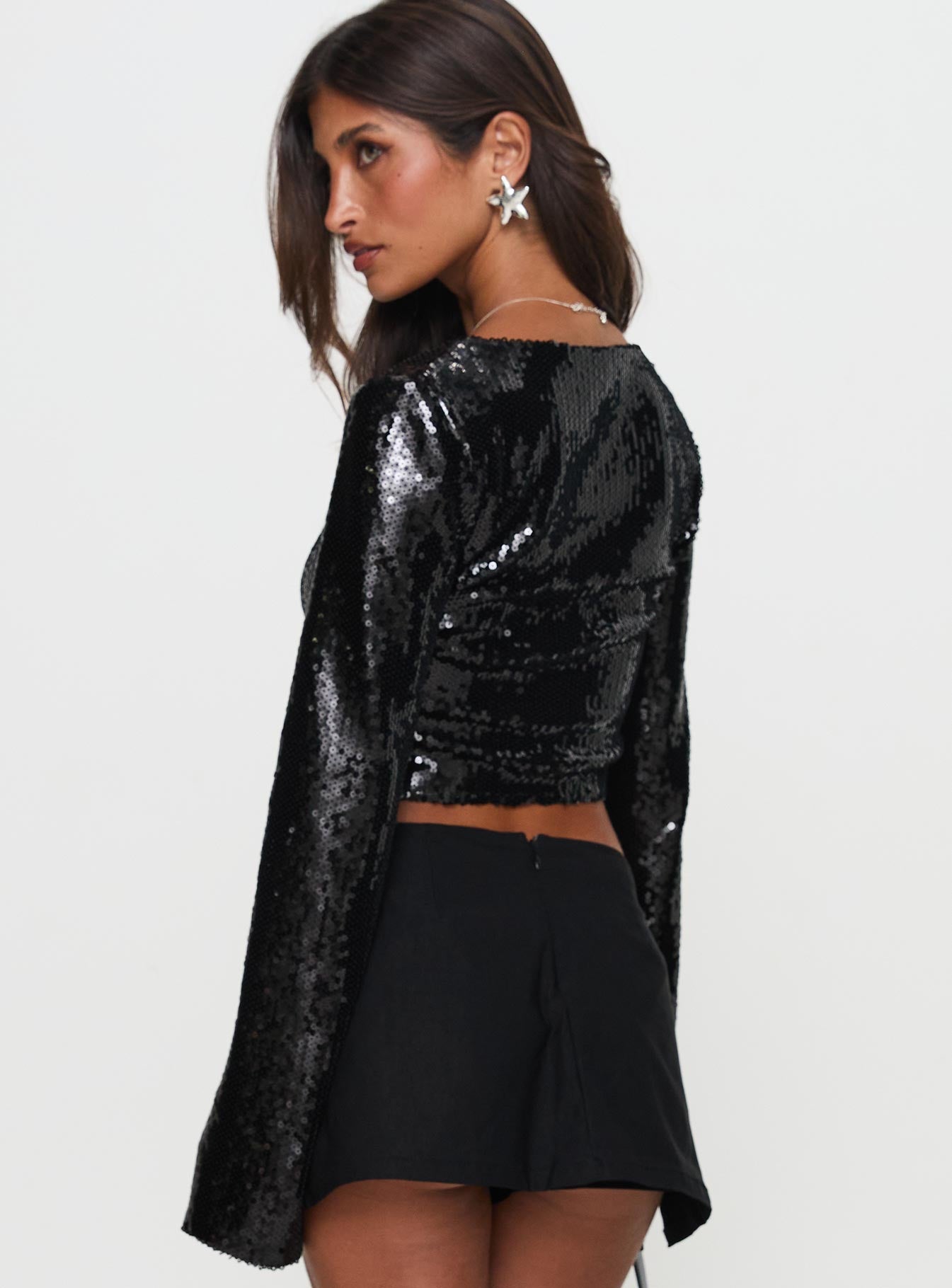 Zenobia Long Sleeve Sequin Top Black