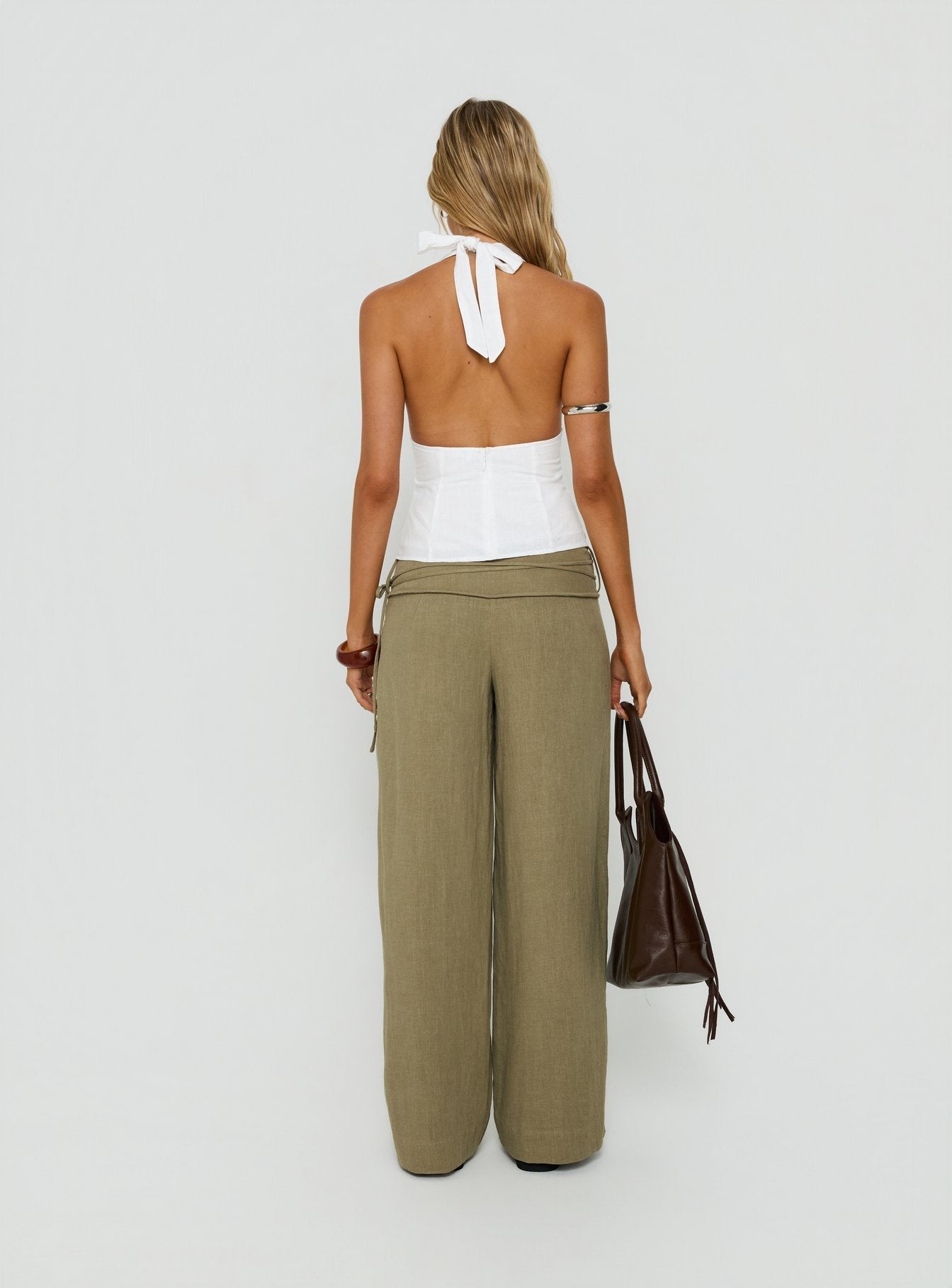 Silver Moon Linen Blend Tie Pants Olive Green