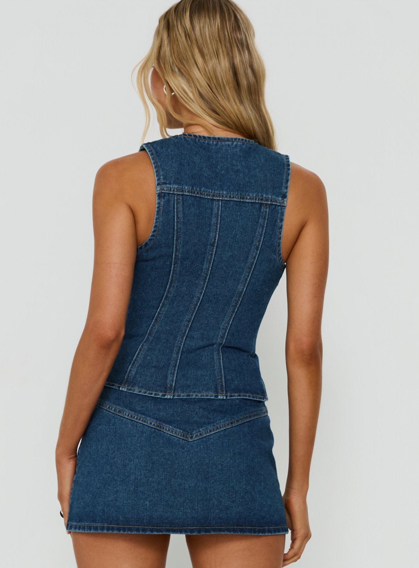 Capree Zip Up Top Mid Wash Denim