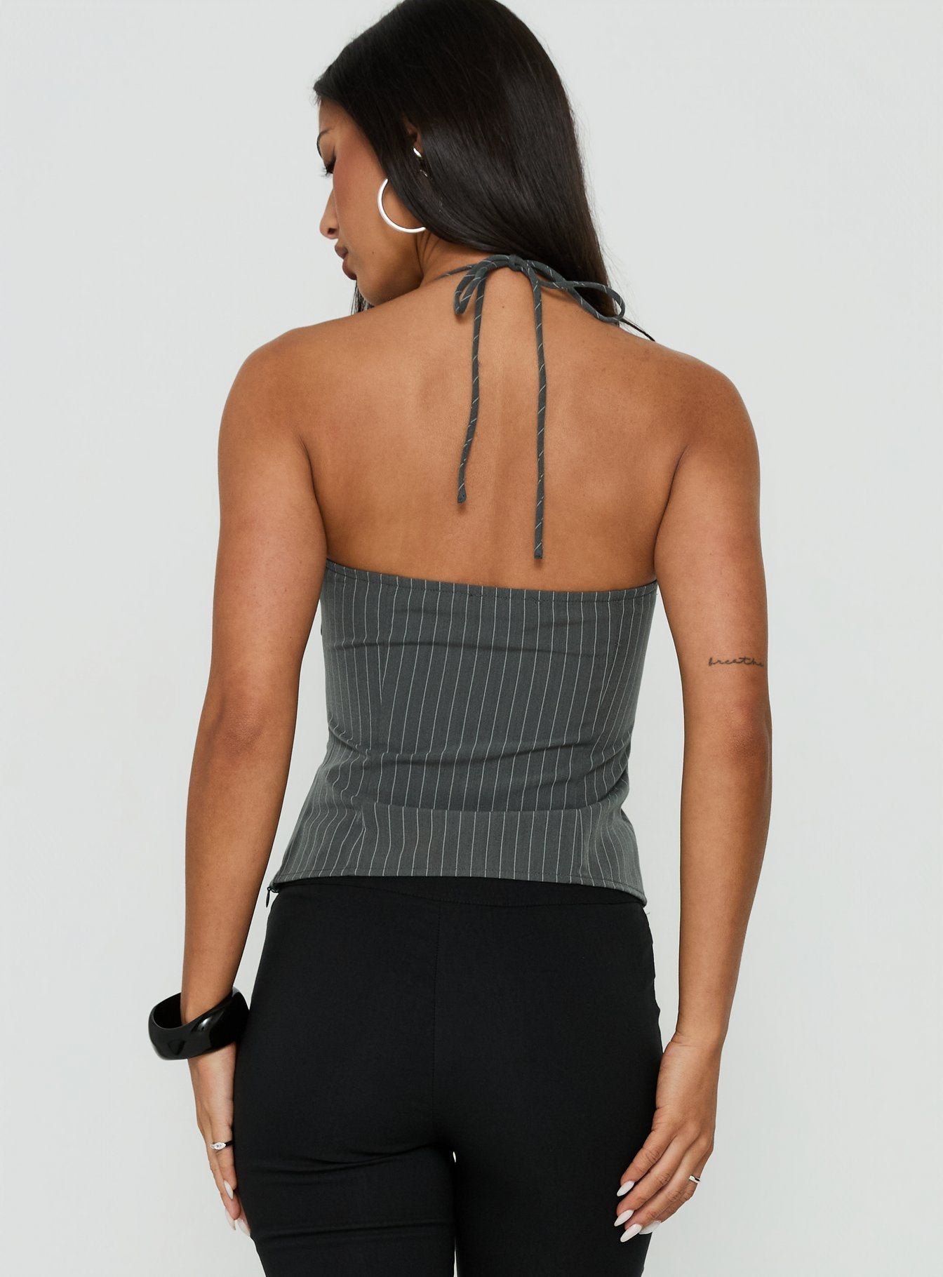 Cherise Bead Detail Top Charcoal Pinstripe