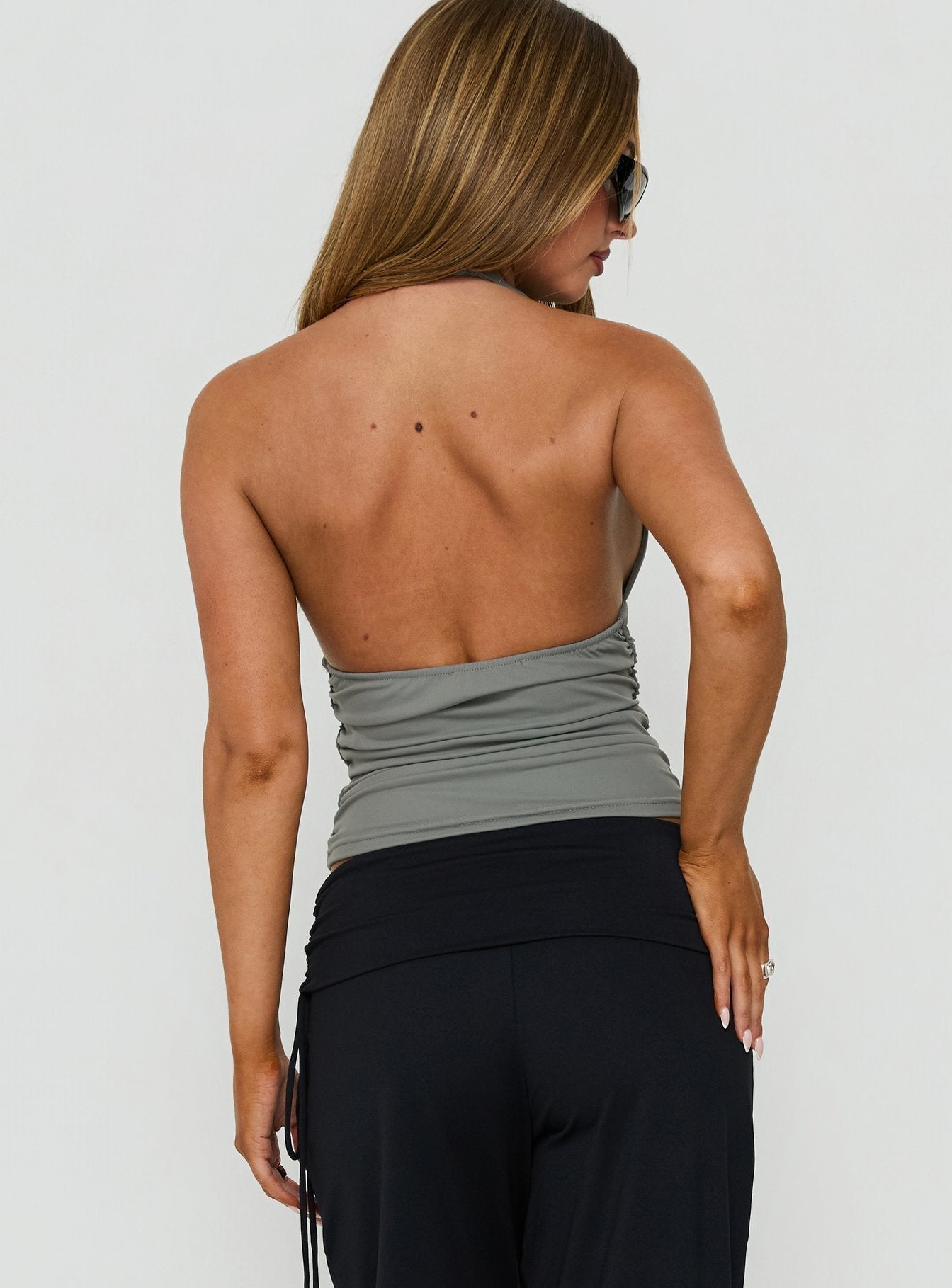 Mood Ring Ruched Halter Top Steel Grey