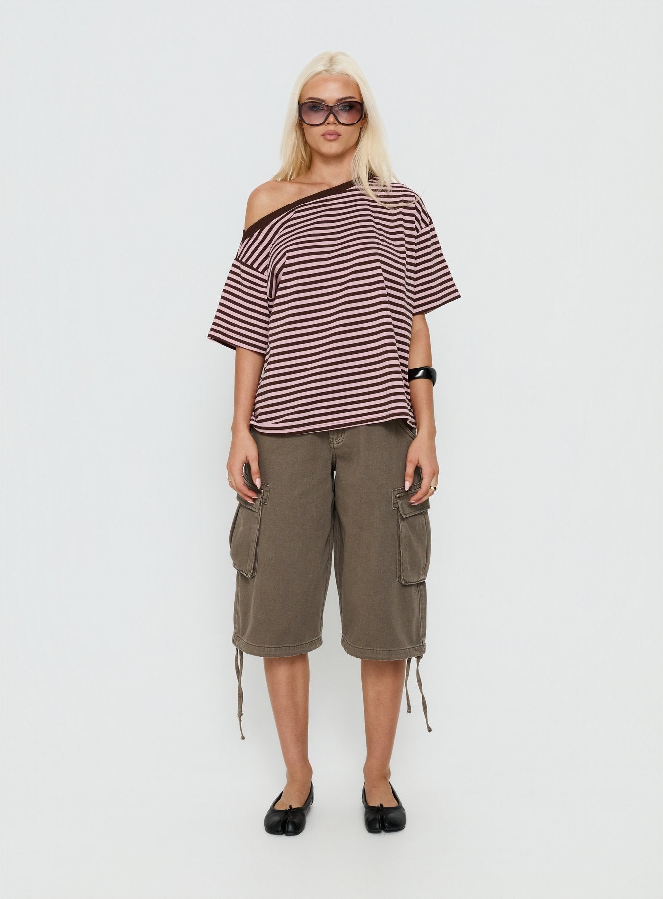 Settle Down One Shoulder Top Pink / Chocolate Stripe
