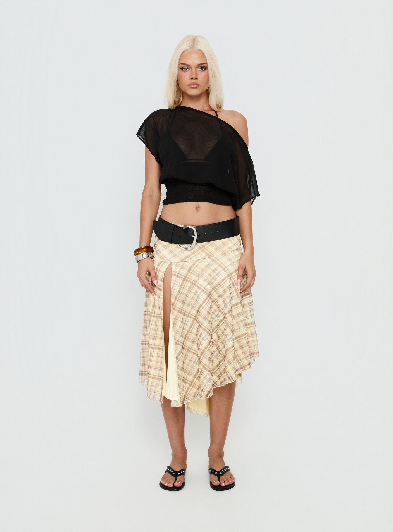 Dulciana High Split Asymmetrical Midi Skirt Multi Check
