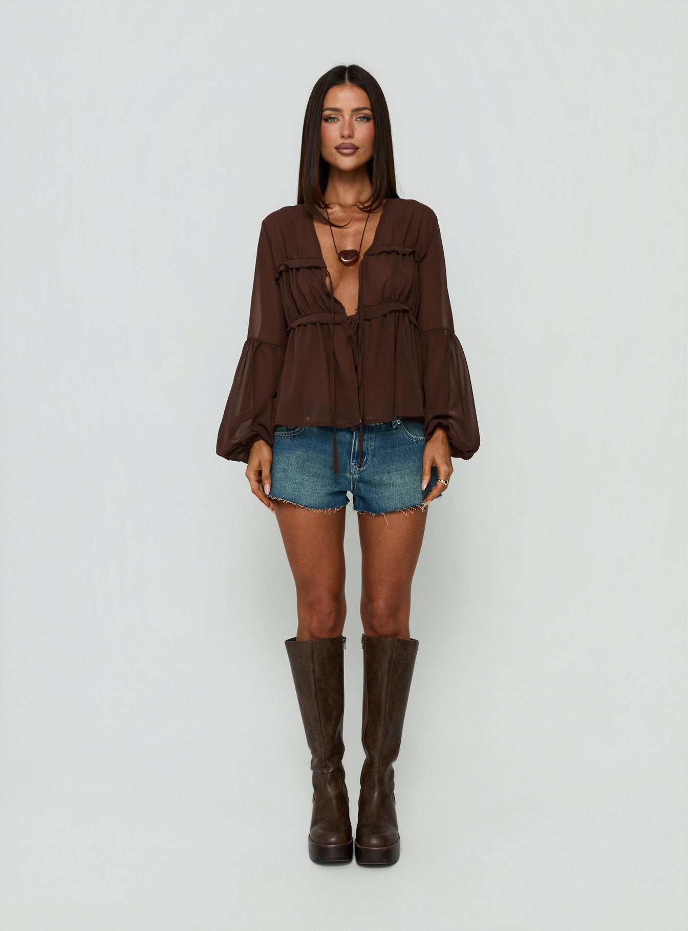 Chasing Sunsets Sheer Long Sleeve Top Chocolate