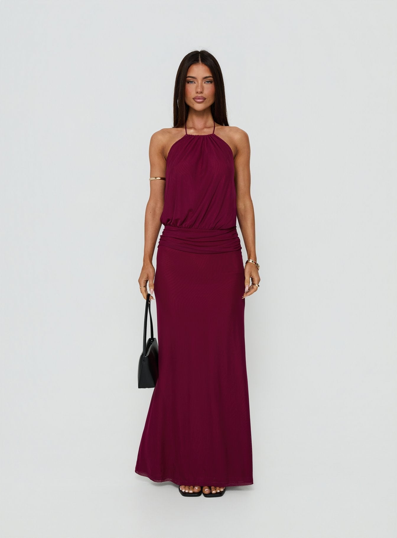 Casperina Ruched Halter Maxi Dress Berry