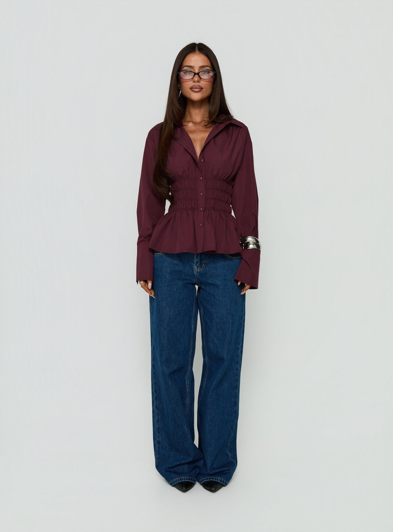 As You Are Shirred Button Up Top Cherry