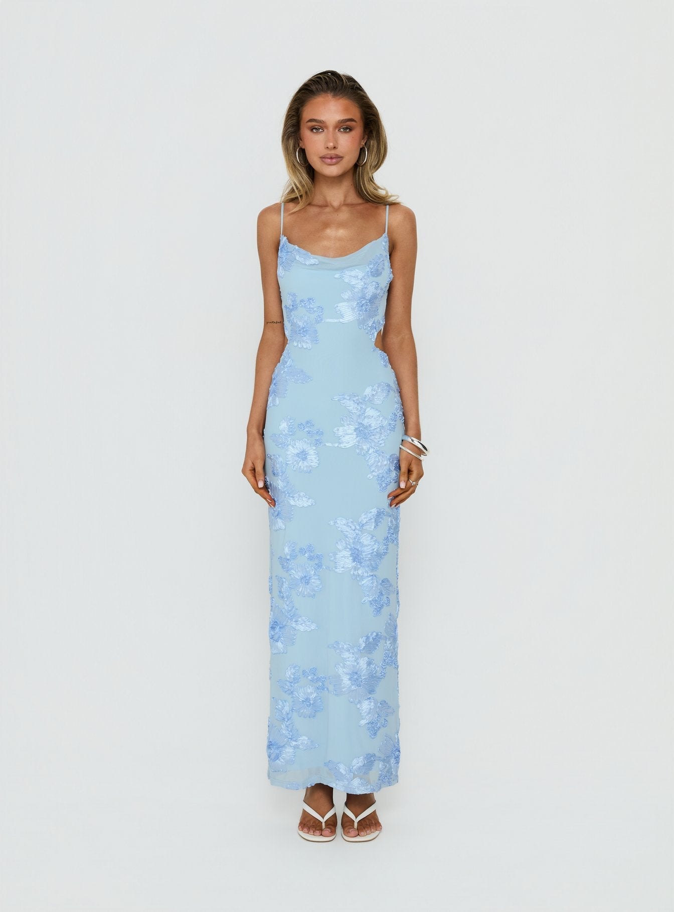 Angel Voices Cowl Neck Maxi Dress Blue Burnout