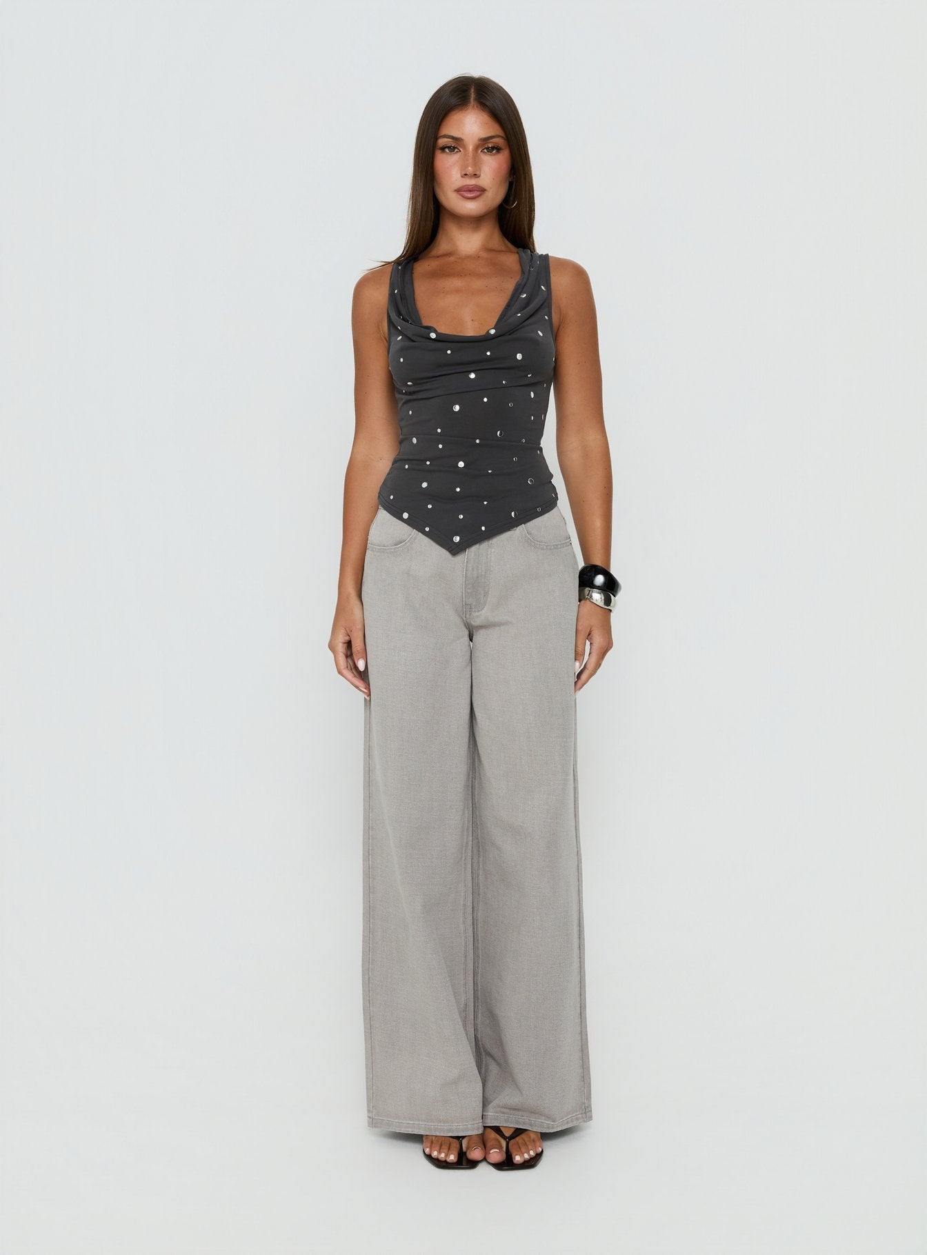Quiet Confidence Studded Cowl Neck Top Grey