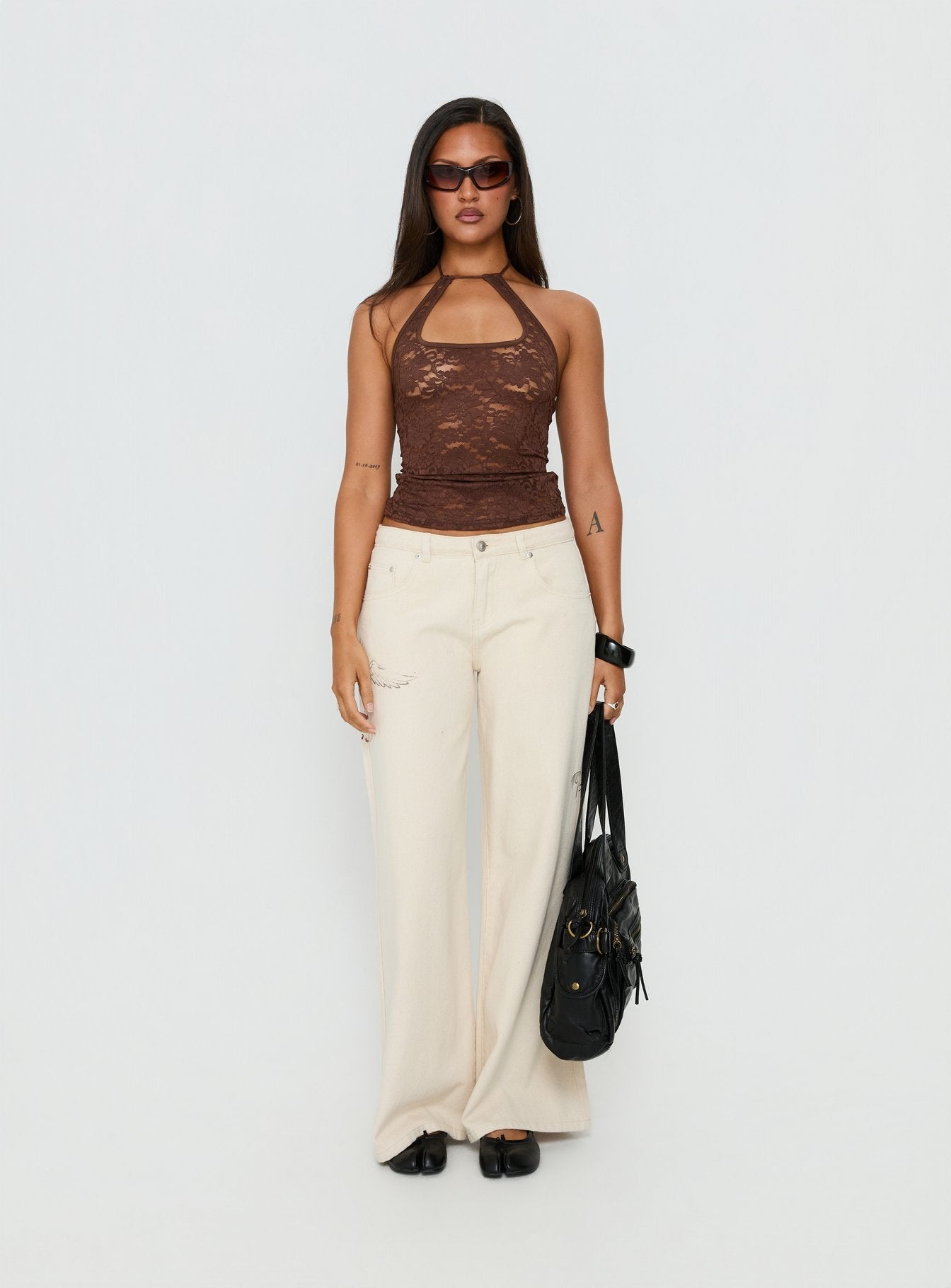 Janais Lace Tie Neck Top Chocolate