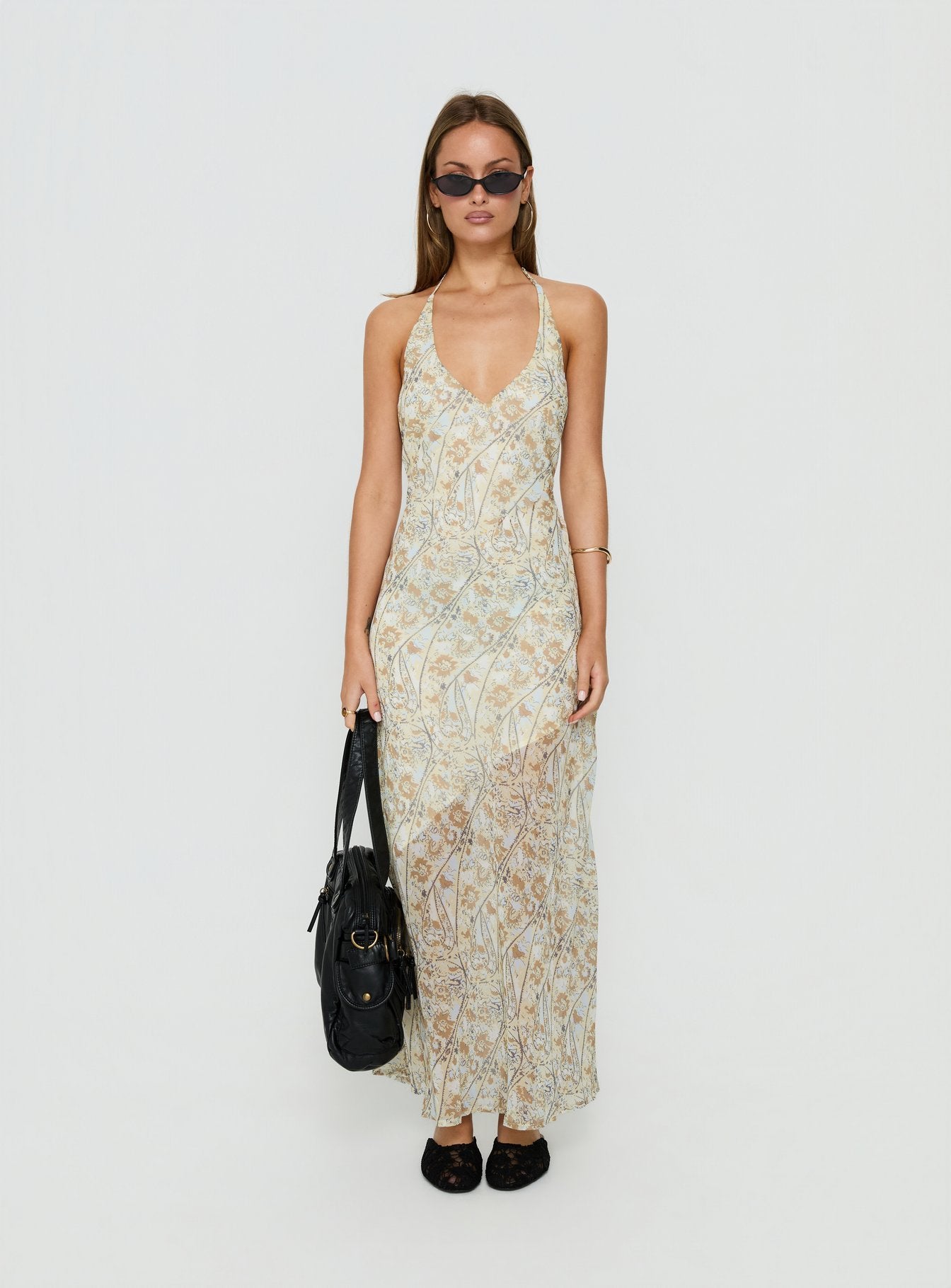 Noemi Halter Low Back Maxi Dress Cream Paisley