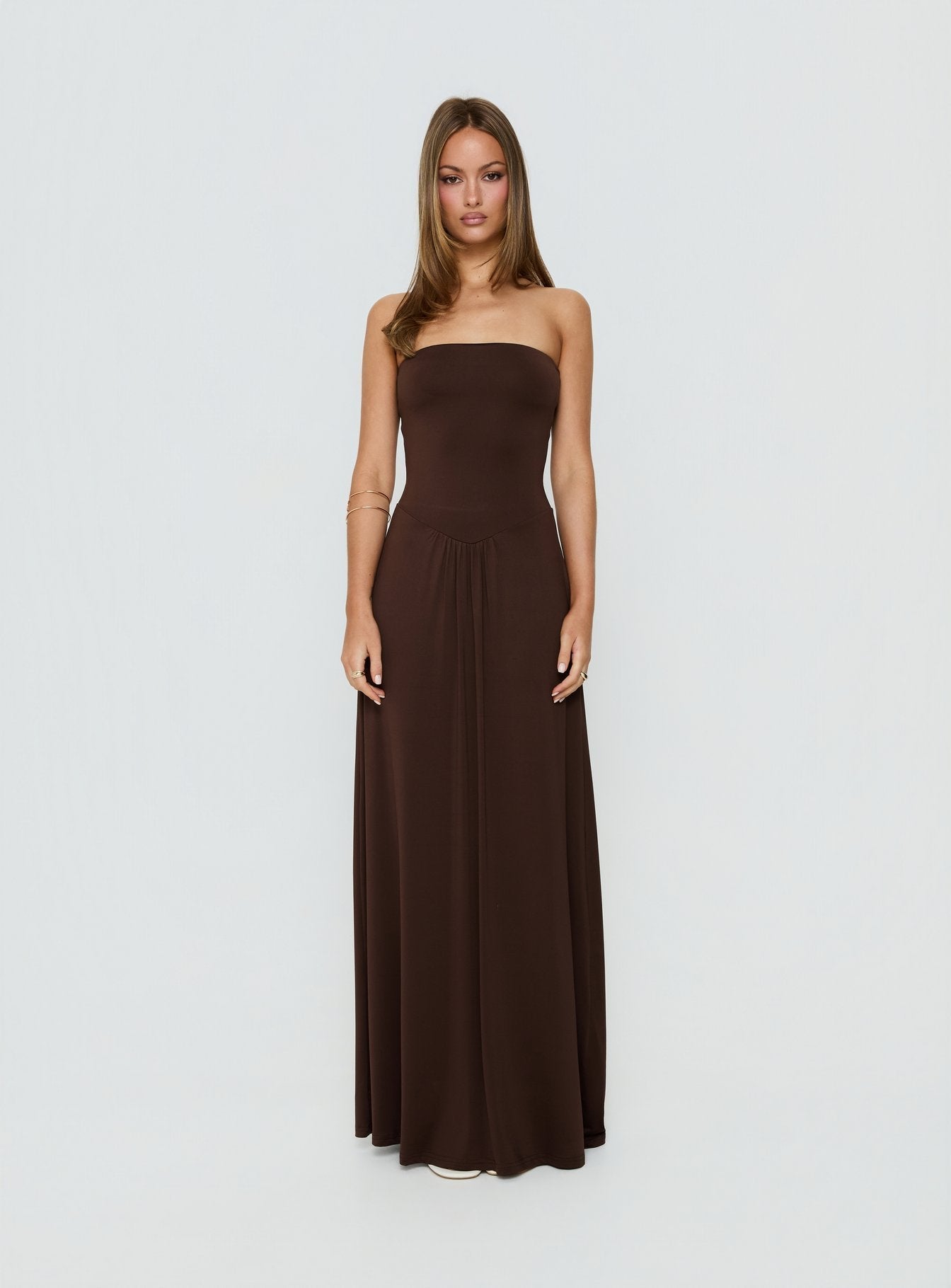 Ophal Strapless Drop Waist Maxi Dress Brown