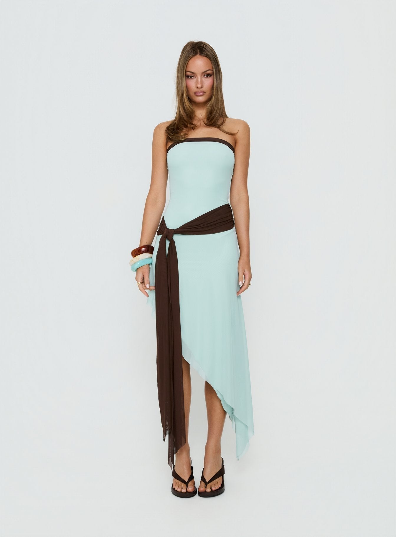 Esperina Strapless Asymmetrical Midi Dress Jelly Mint / Brown