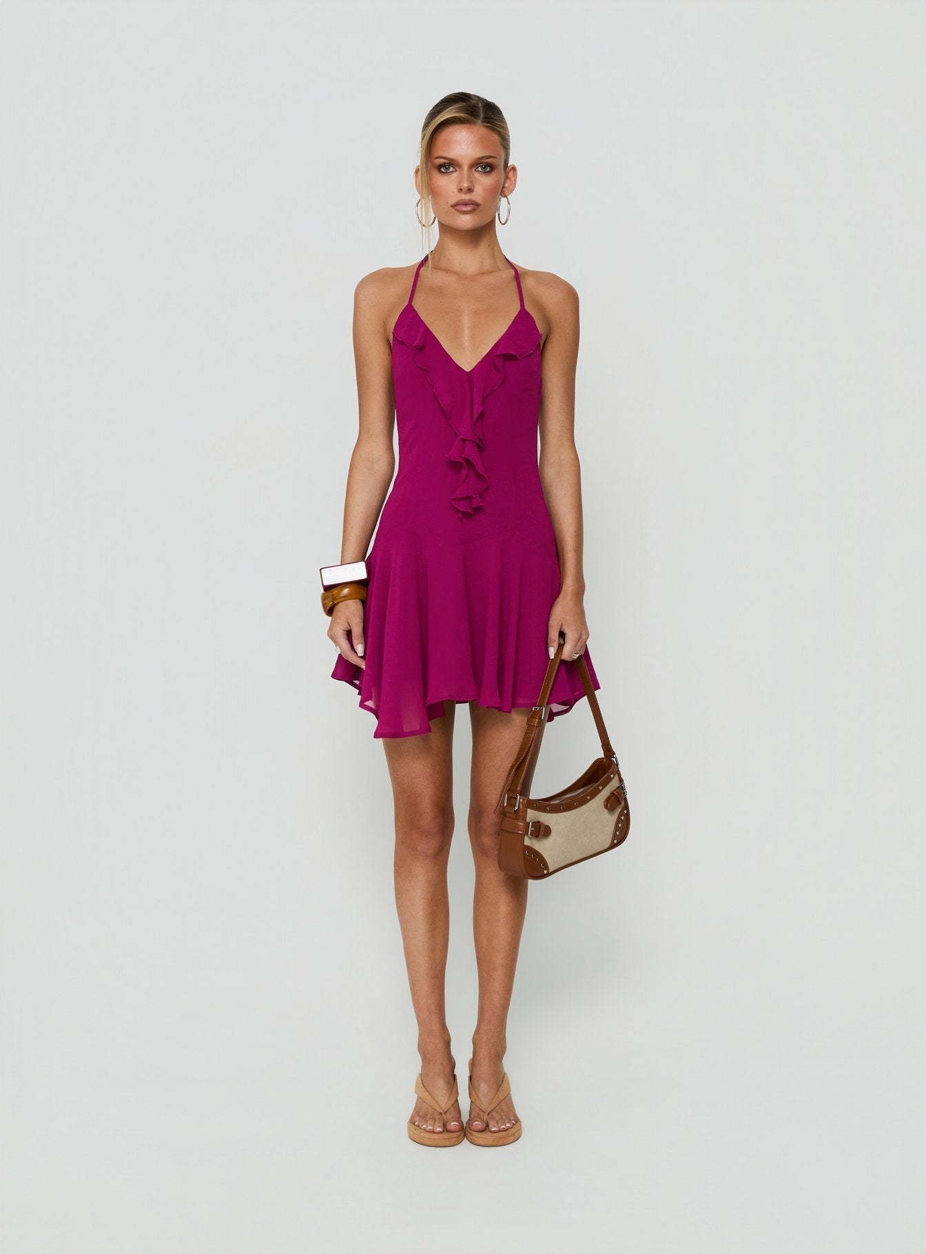 Hey Blondie Ruffle Halter Mini Dress Plum