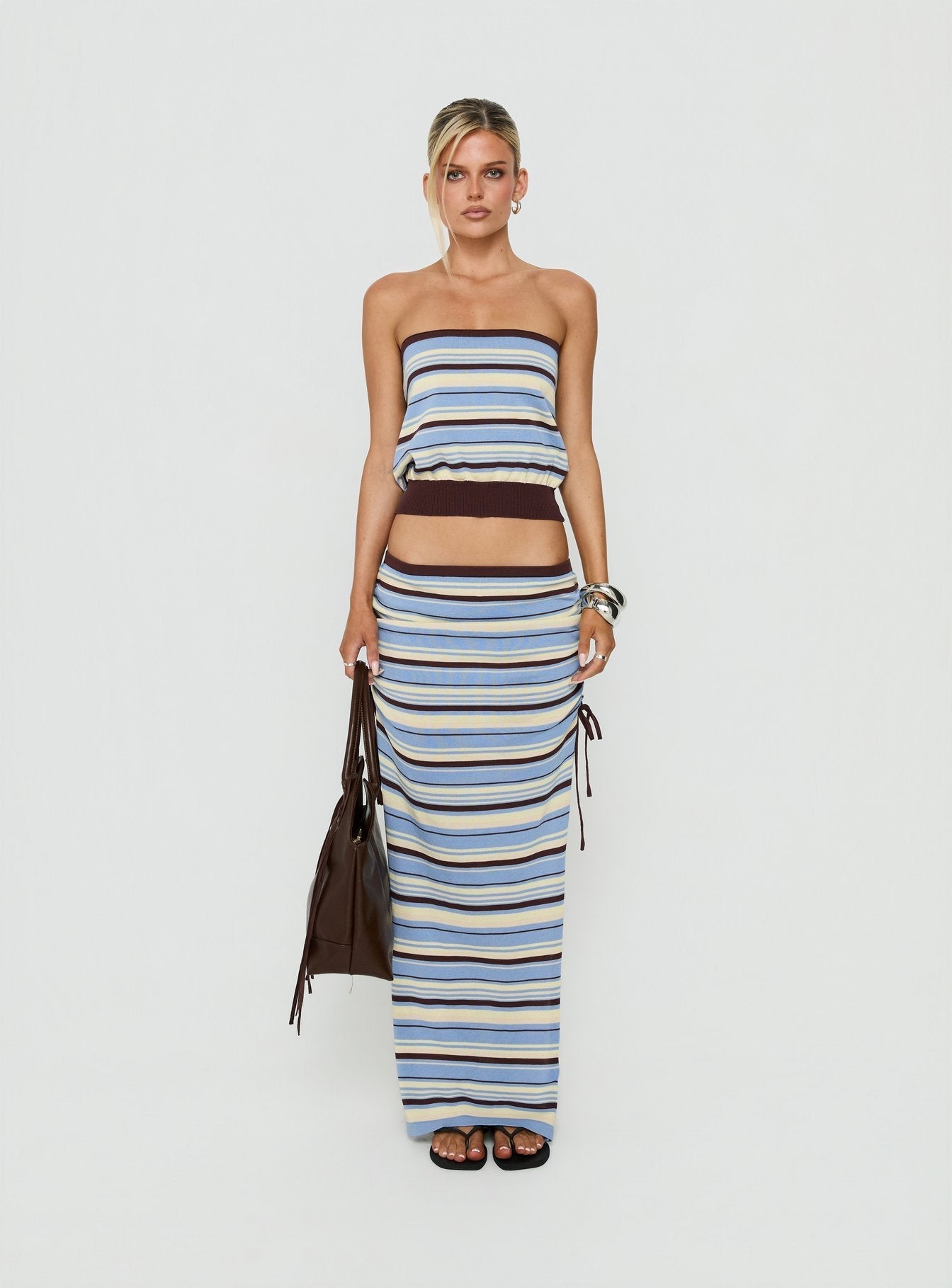 Osamie Knit Drawstring Maxi Skirt Multi Stripe