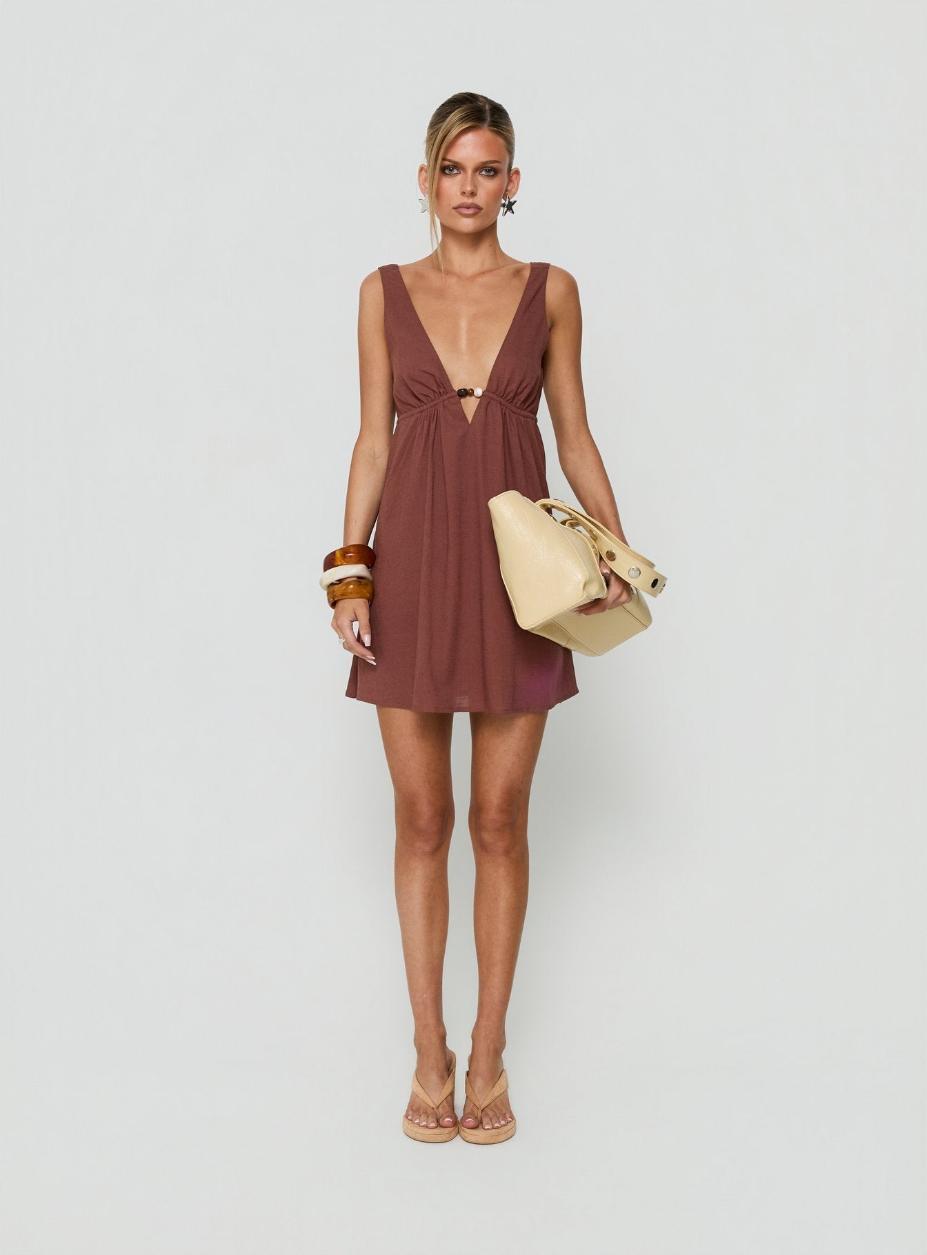 Giyah Bead Detail Mini Dress Brown