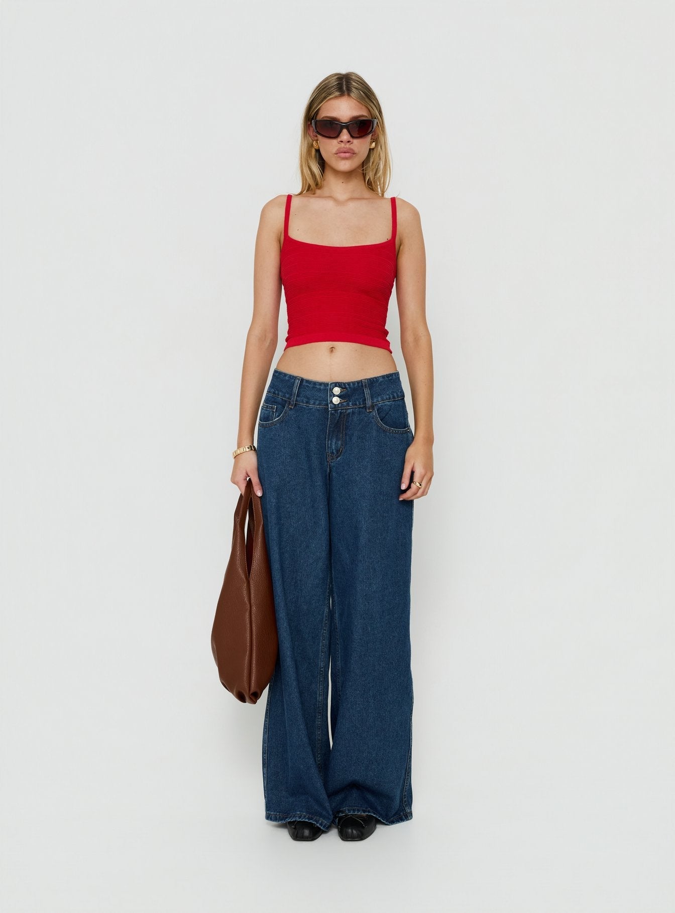 Ramos Low Rise Double Button Wide Leg Jeans Dark Indigo