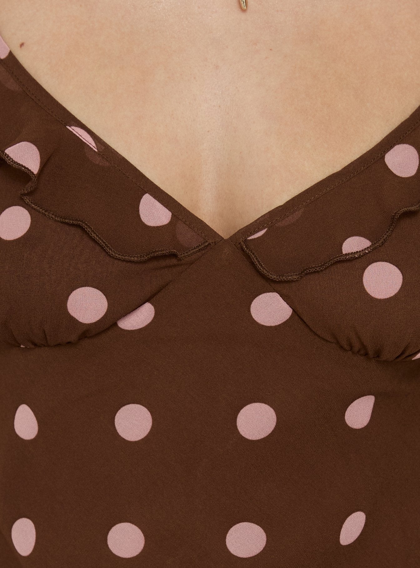Lozie Frill V Neck Mini Dress Brown Polka Dot