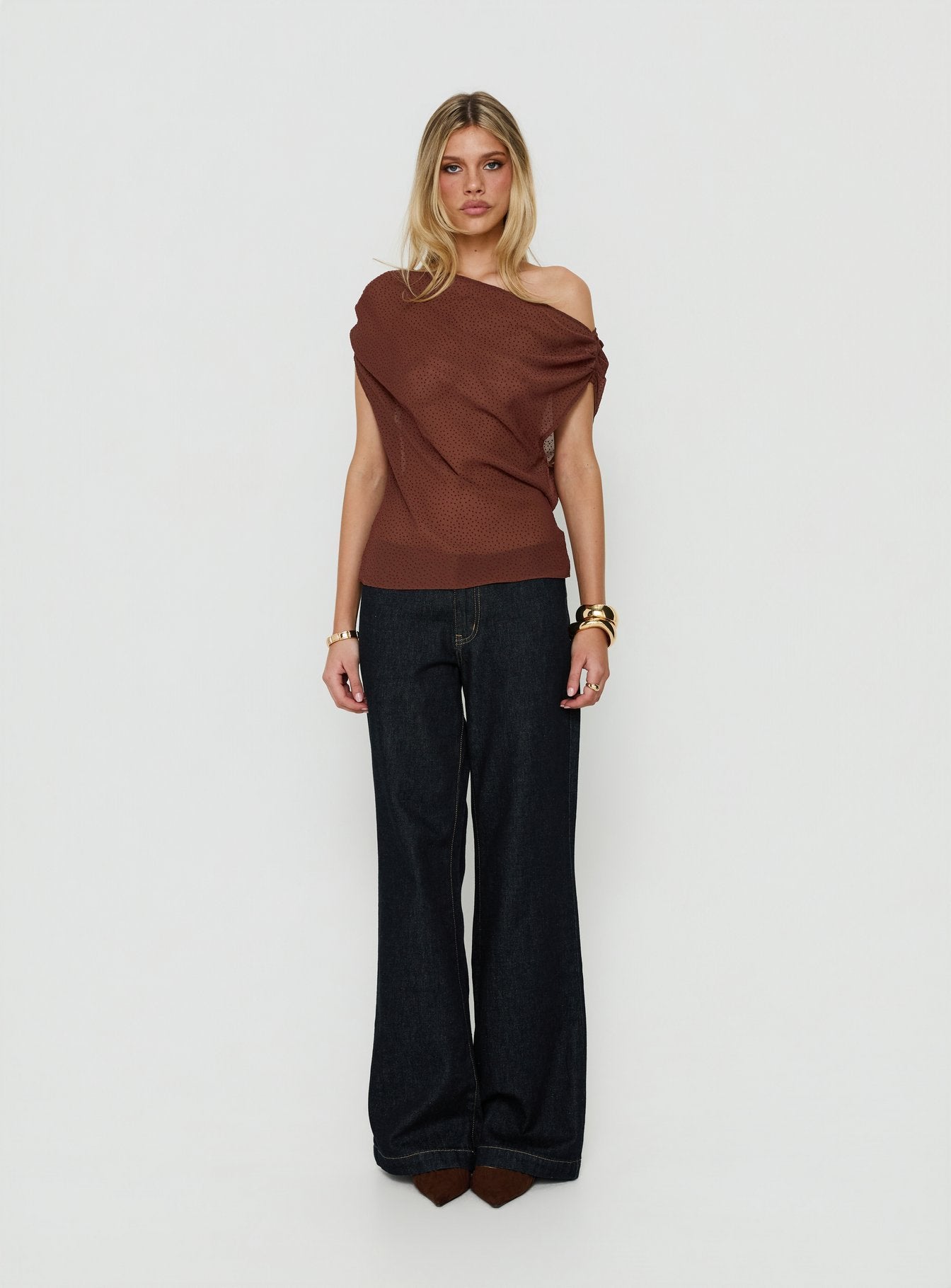 Orya Sheer Drape Off Shoulder Top Brown