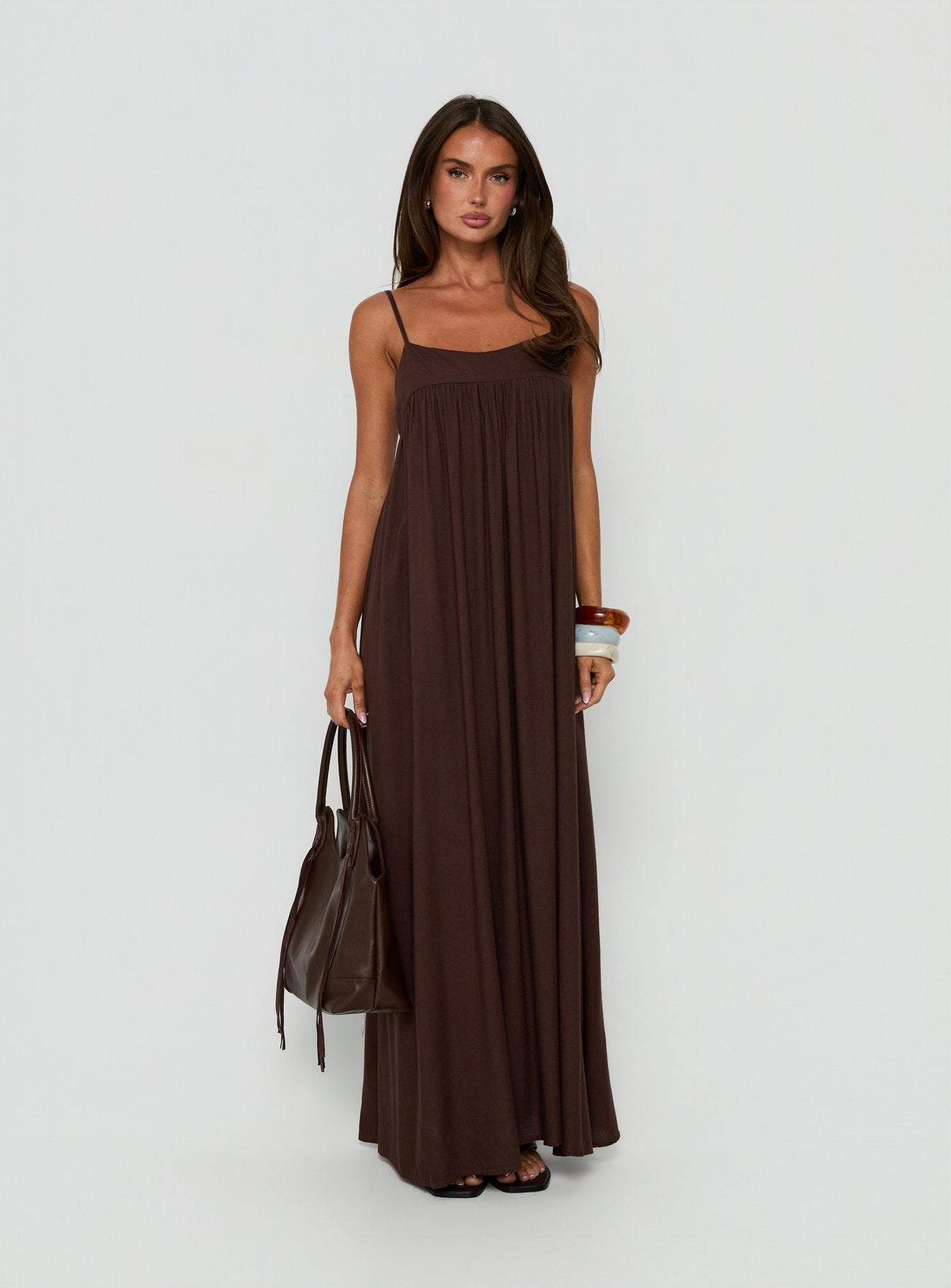 Wildah Linen Smock Maxi Dress Brown