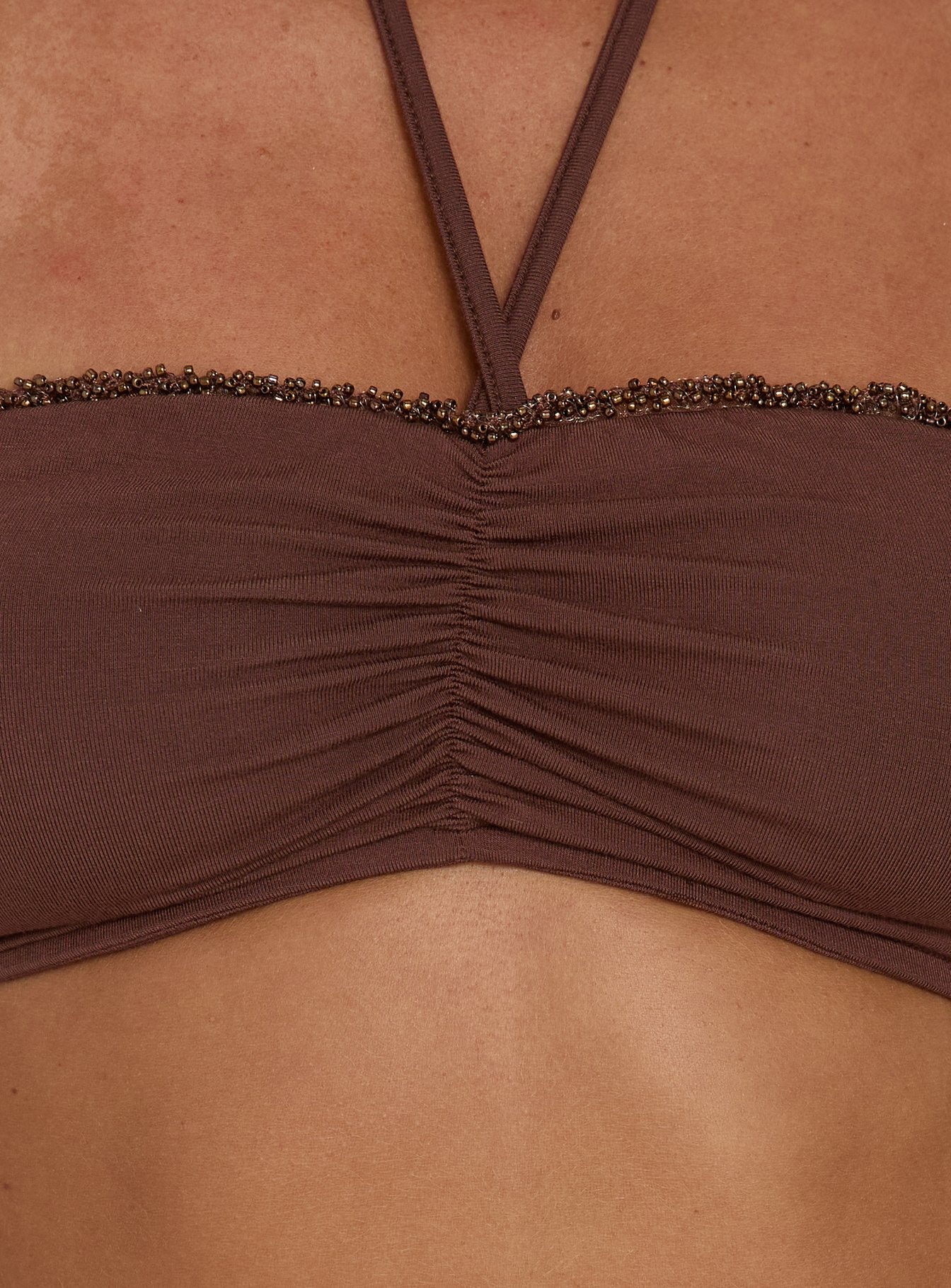 Jannelle Tie Neck Micro Crop Top Brown
