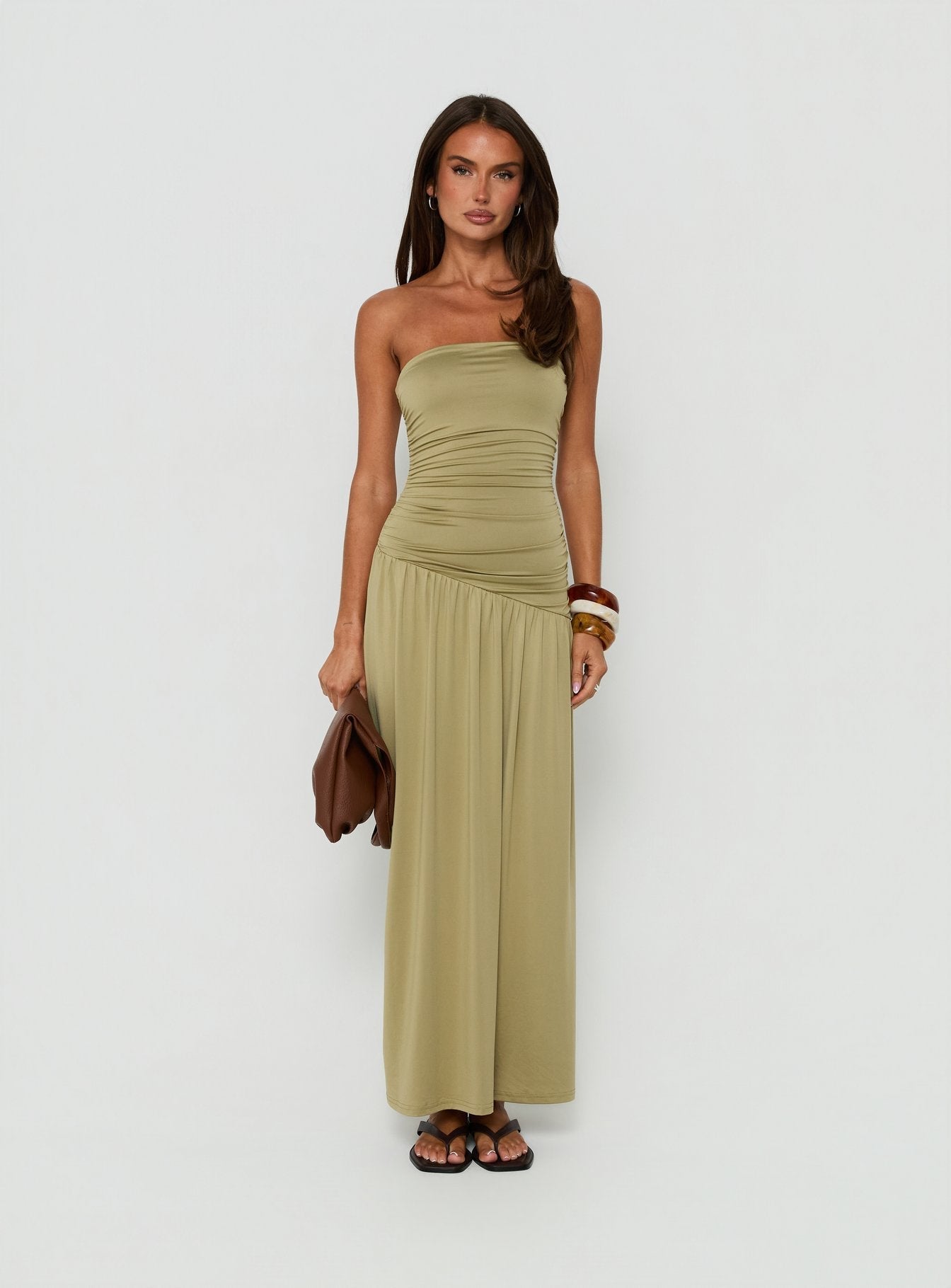 Isolina Strapless Ruched Maxi Dress Sage Green