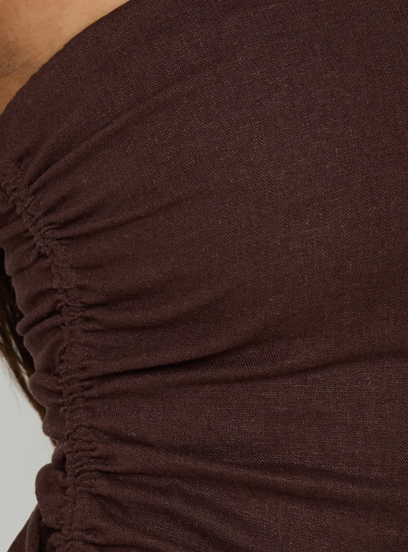 Defined Strapless Gathered Linen Blend Top Brown