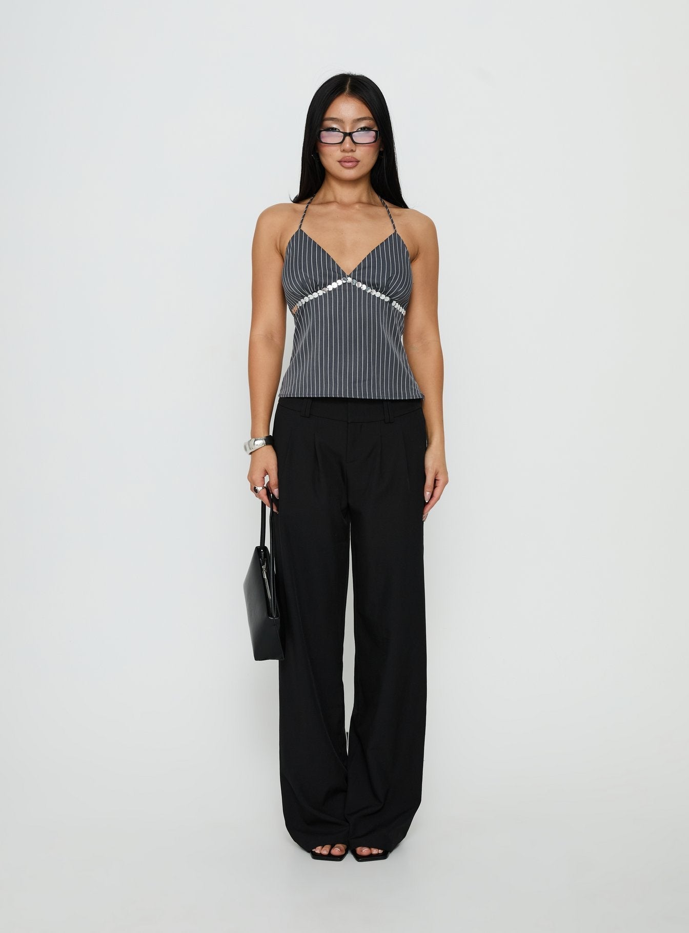 Zenas Sequin Detail Halter Top Grey Pinstripe