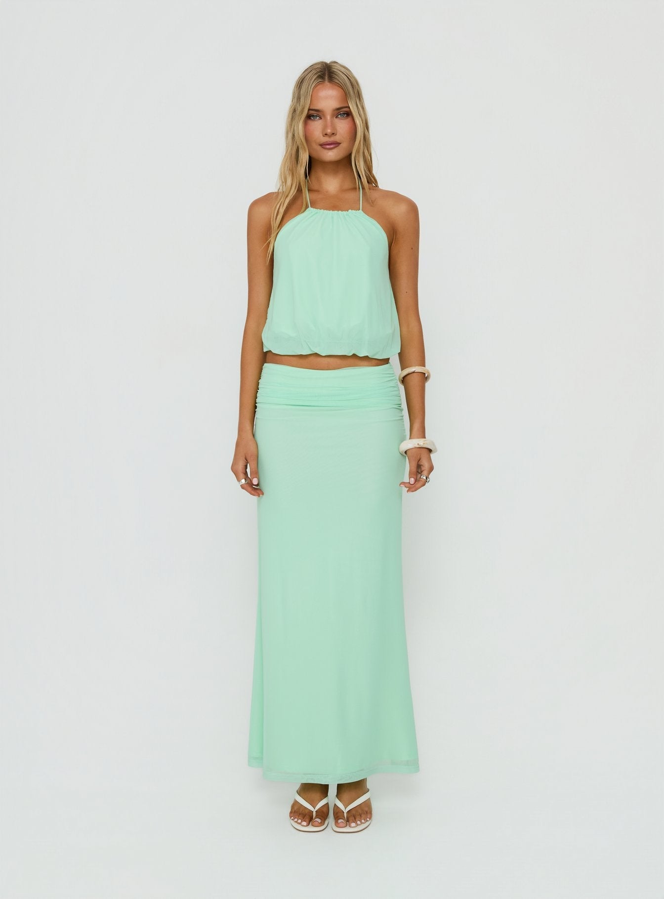 Wild Dune Ruched Waist Maxi Skirt Green