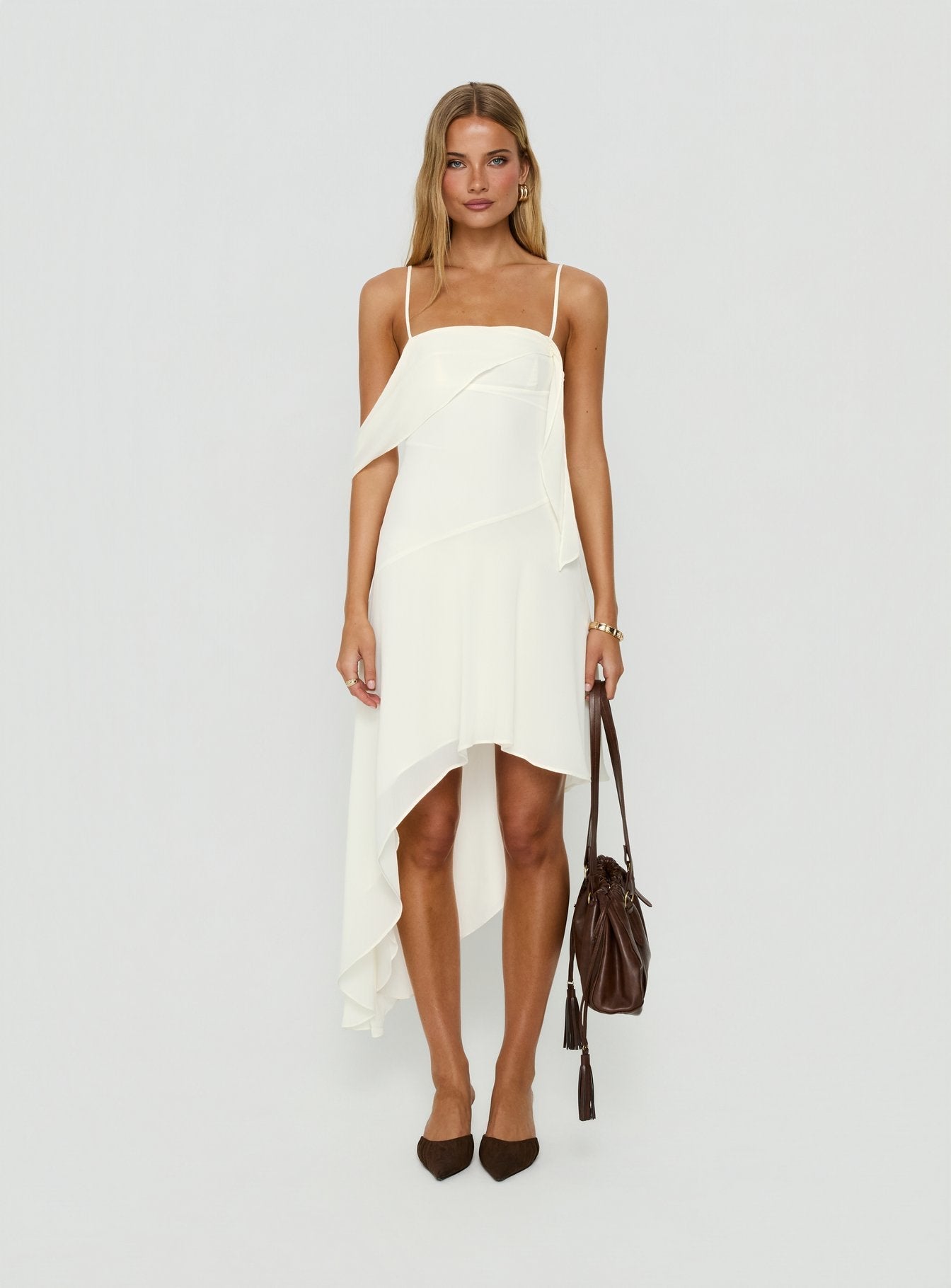 Massey Bust Draping Low Back Midi Dress Off White