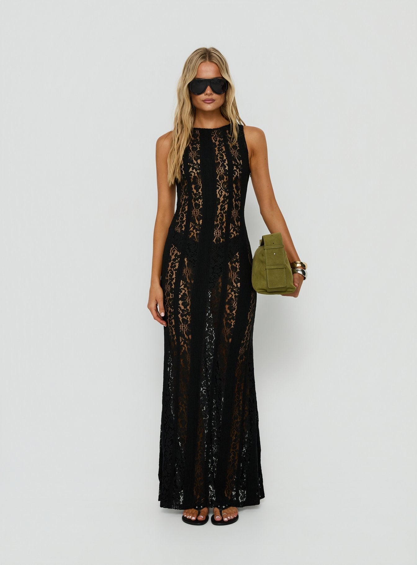 Laurenza Sheer Lace Maxi Dress Black