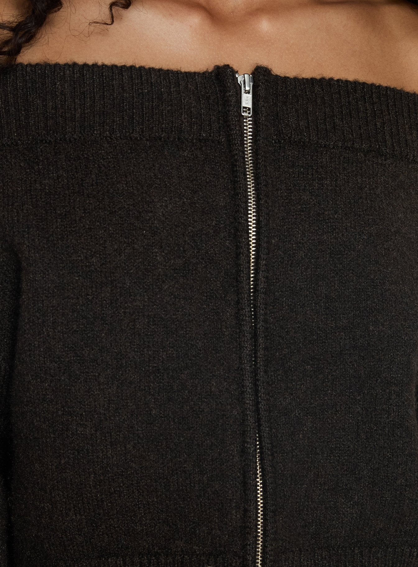 Ortensa Off Shoulder Zip Through Jumper Brown