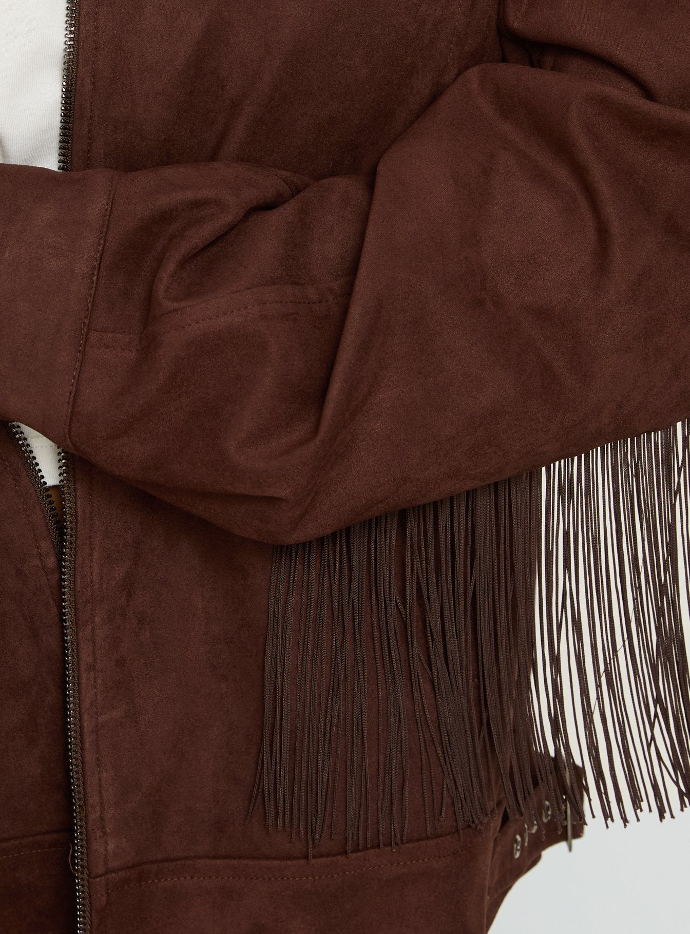 Goldsmith Faux Suede Tassel Bomber Jacket Chocolate