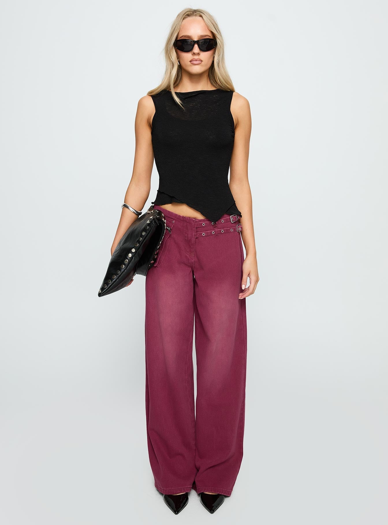 Paltrow Mid Rise Wide Leg Cargo Jeans Washed Burgundy