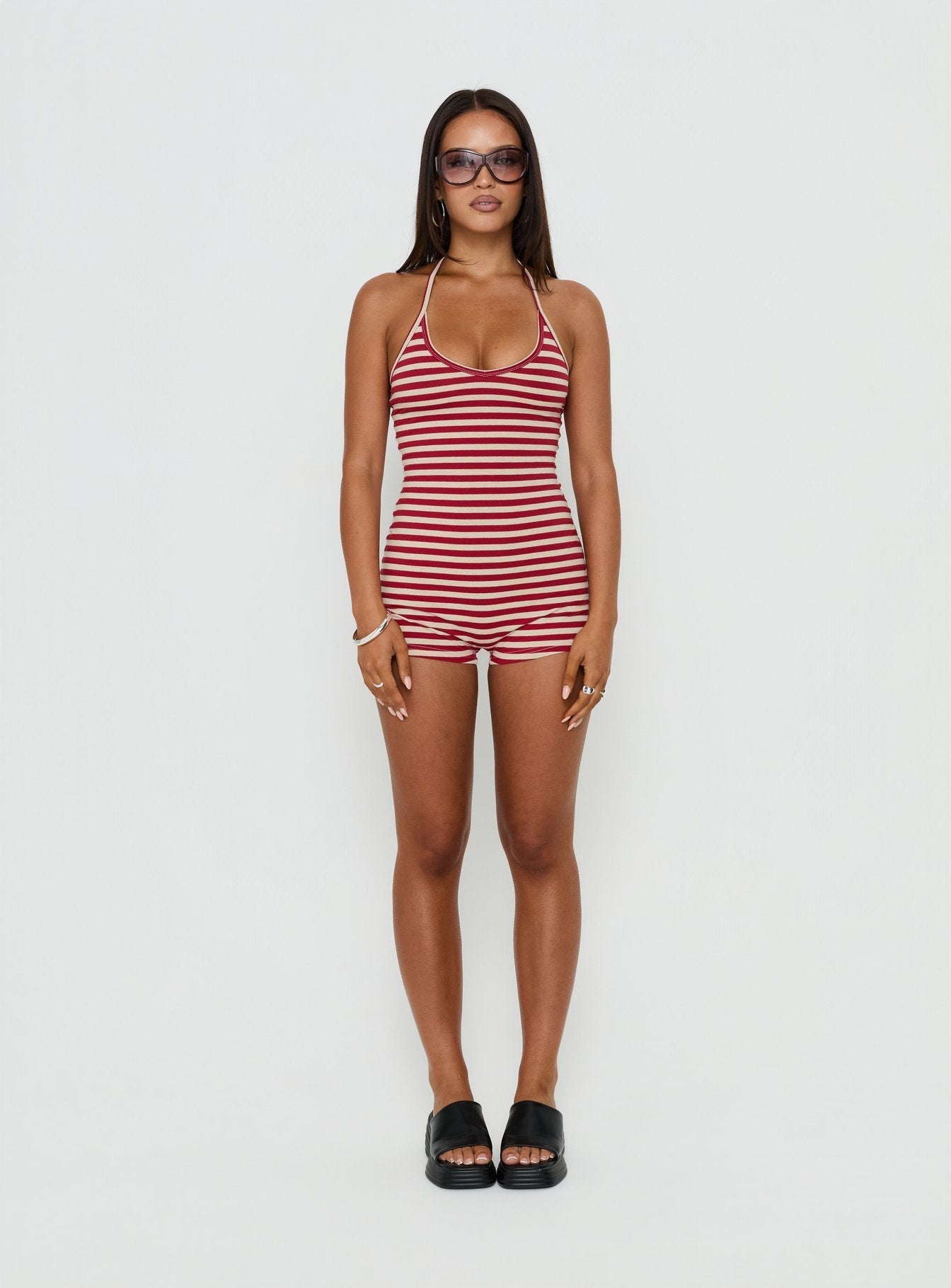 Watch Me Leave Halter Playsuit Red / White Stripe